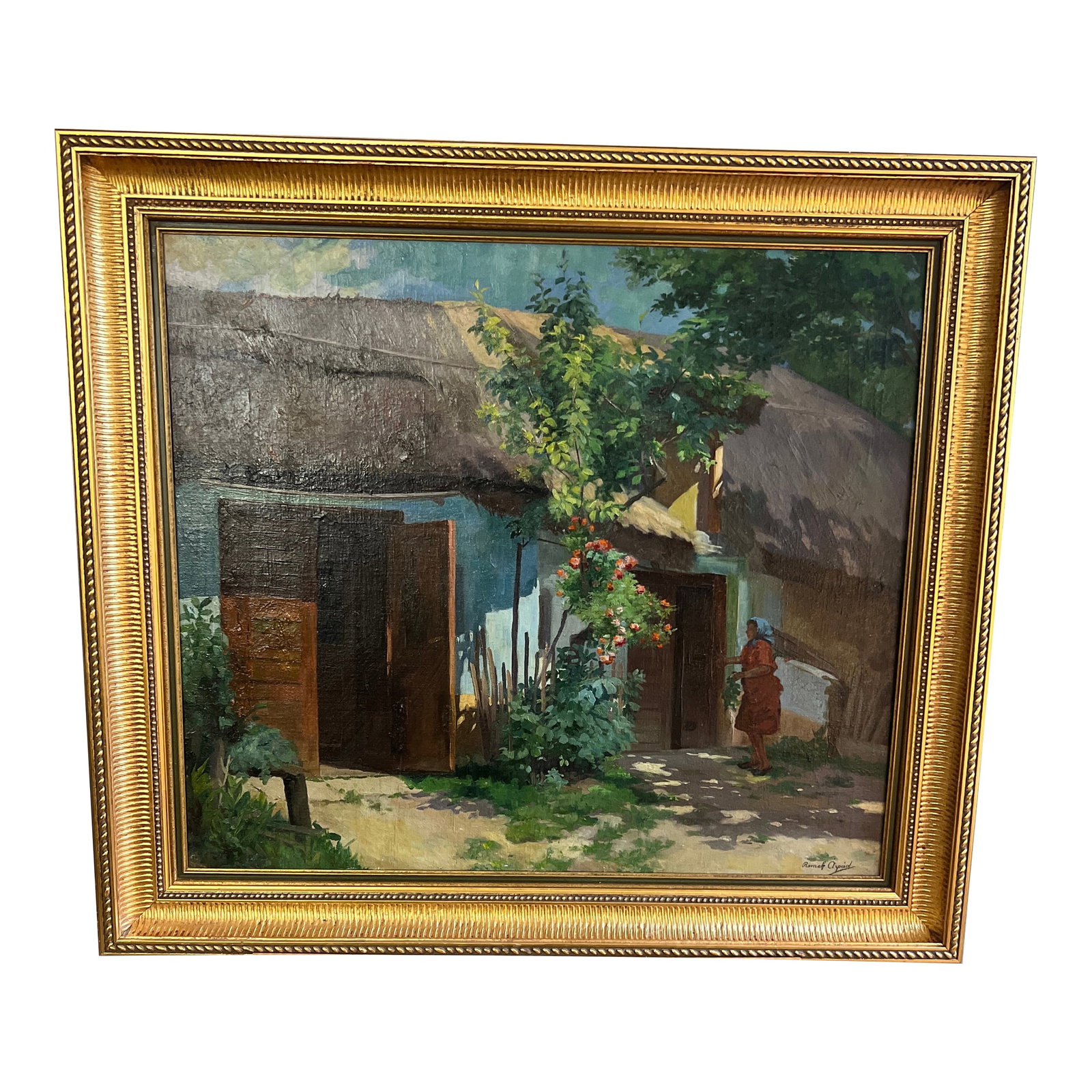 Oil on Canvas by Hungarian Artist Romek Arpad (1883-1960) Framed Signed Village Home: Oil on canvas by Hungarian artist signed framed Village home Condition: Alterations: Original Condition Unaltered Imperfections: Some Imperfections Condition Notes: Great as new Origin: Hungary