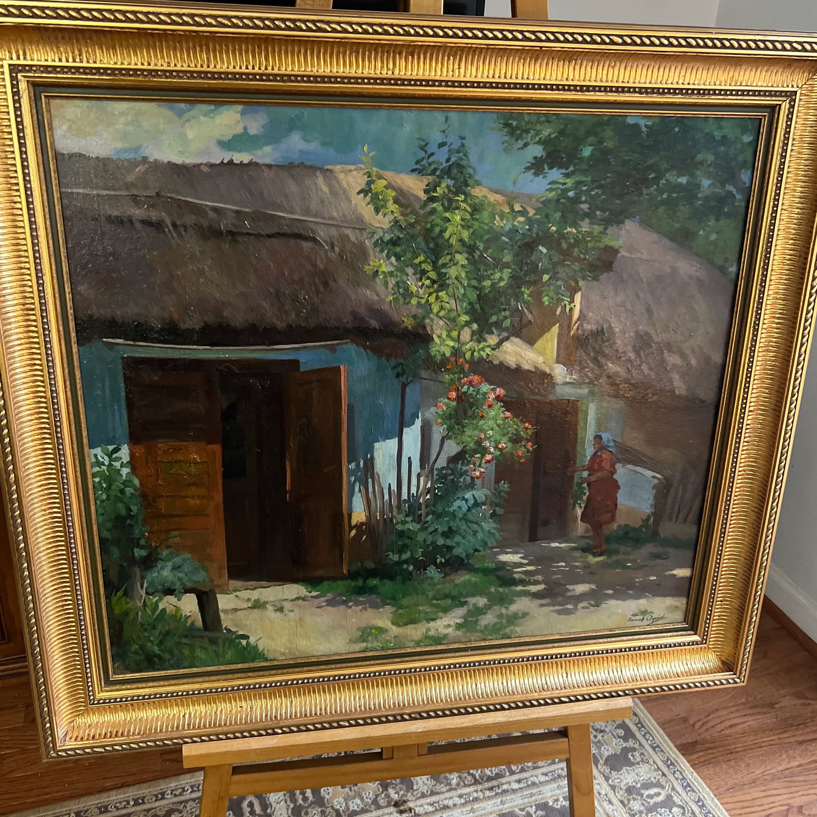 Oil on Canvas by Hungarian Artist Romek Arpad (1883-1960) Framed Signed Village Home - 2