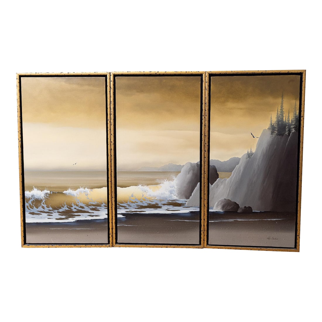 Vintage Original Inge Saastad Triptych Paintings 1970s Signed Coastal Seascape - Three Pieces: Striking three-panel painting by artist Inge Saastad, known for his cinematic coastal scenes. This signed triptych features crashing waves, rocky cliffs, and drifting birds in a moody sepia and