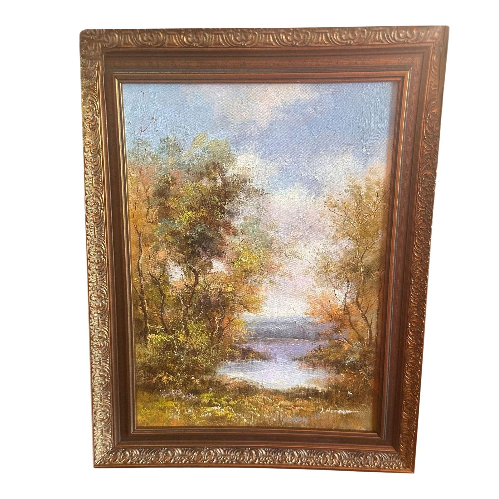 Antique Gold Framed Oil Painting Signed J. Reneau, France: An elegant antique French oil painting, signed by artist J. Reneau. This finely executed work captures the charm and sophistication of late 19th to early 20th century French artistry. The composition 