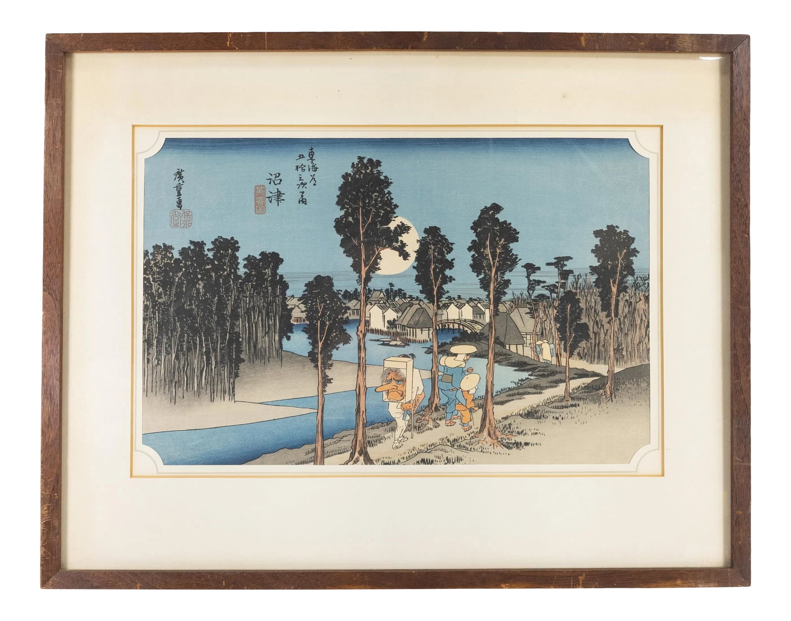 Mid 20th Century Japanese Woodblock Print After Hiroshige, Framed: We are selling this nicely framed vintage Japanese woodblock after Hiroshige. This woodblock was produced for the 100th anniversary of Hiroshige's 53 Stations on the Tokaido road between Tokyo and