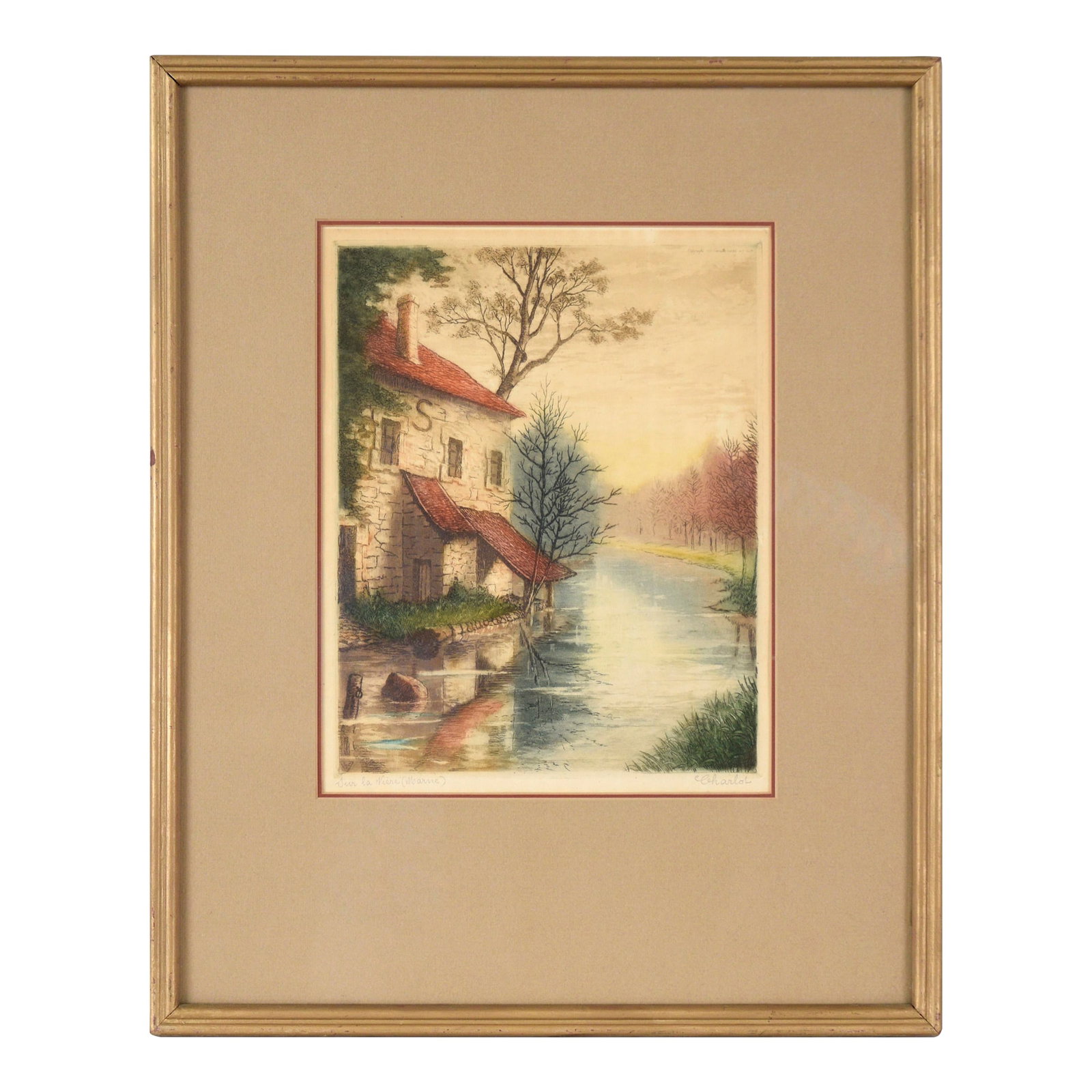 "Sur La Riviere (Marne)" - On the River Marne - Hand Colored Lithograph by Charlot: "Sur la riviere (Marne)" - On the River Marne - Hand Colored Lithograph Serene depiction of a house along the Marne River by unknown artist "Charlot." This piece was commissioned and printed by