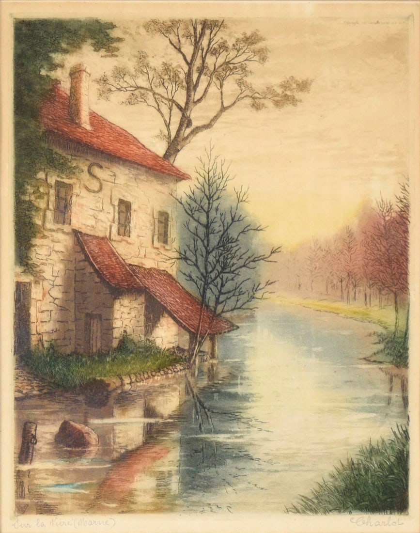 "Sur La Riviere (Marne)" - On the River Marne - Hand Colored Lithograph by Charlot - 2