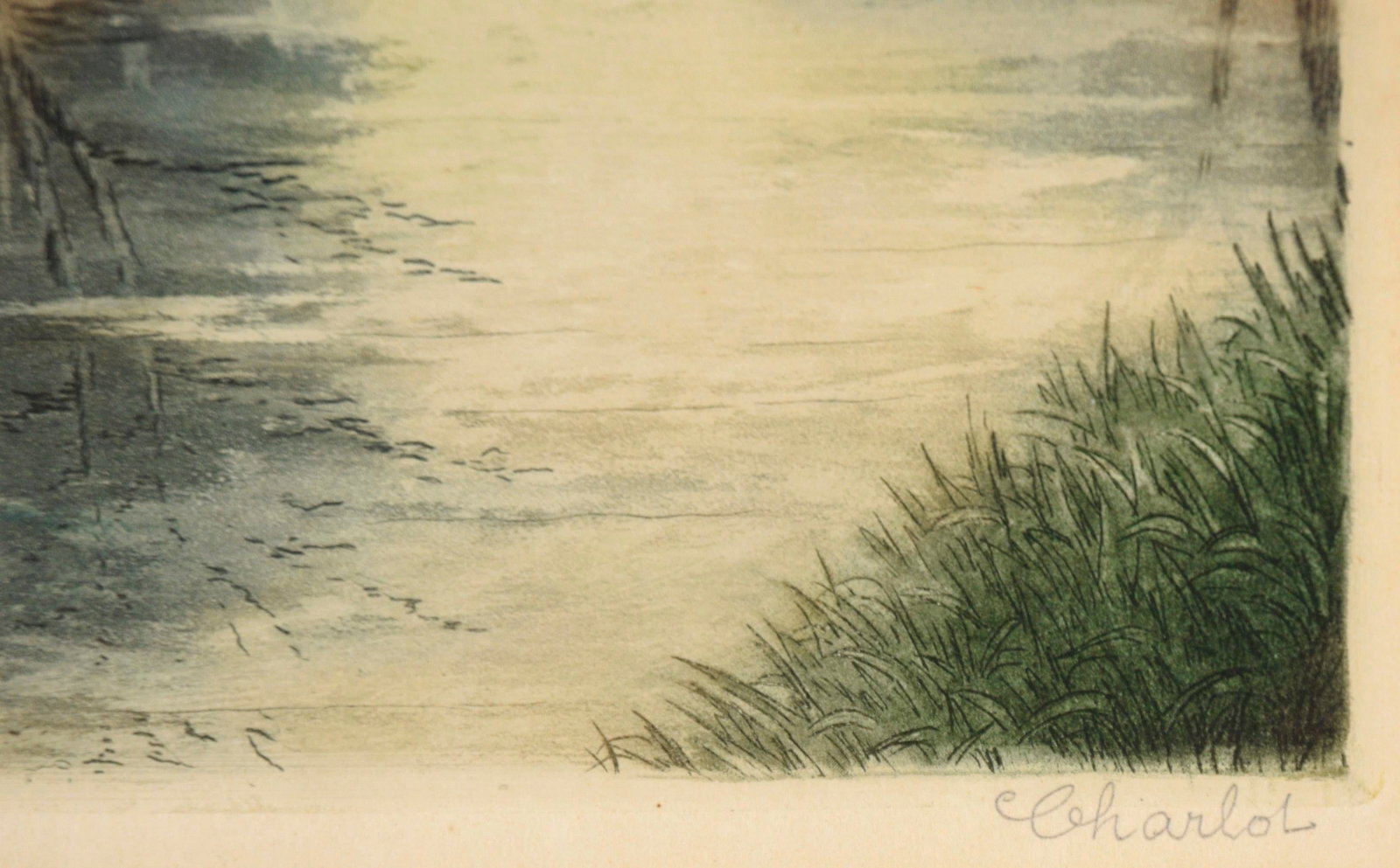 "Sur La Riviere (Marne)" - On the River Marne - Hand Colored Lithograph by Charlot - 8