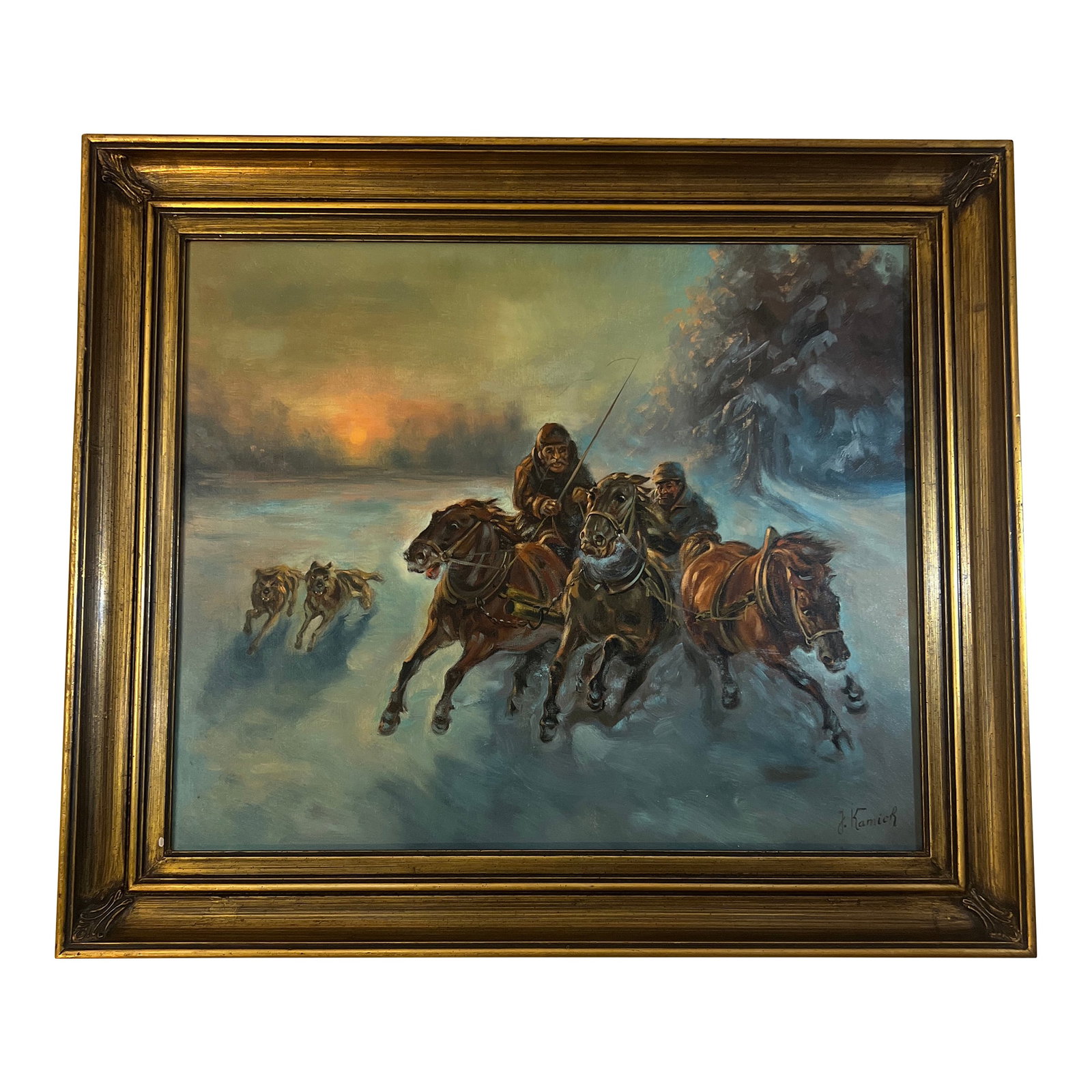 20Th Century Oil on Canvas by European School by Polish Artist Jaroslav Kamich ( b.1929) Horsemen in (1 of 12)