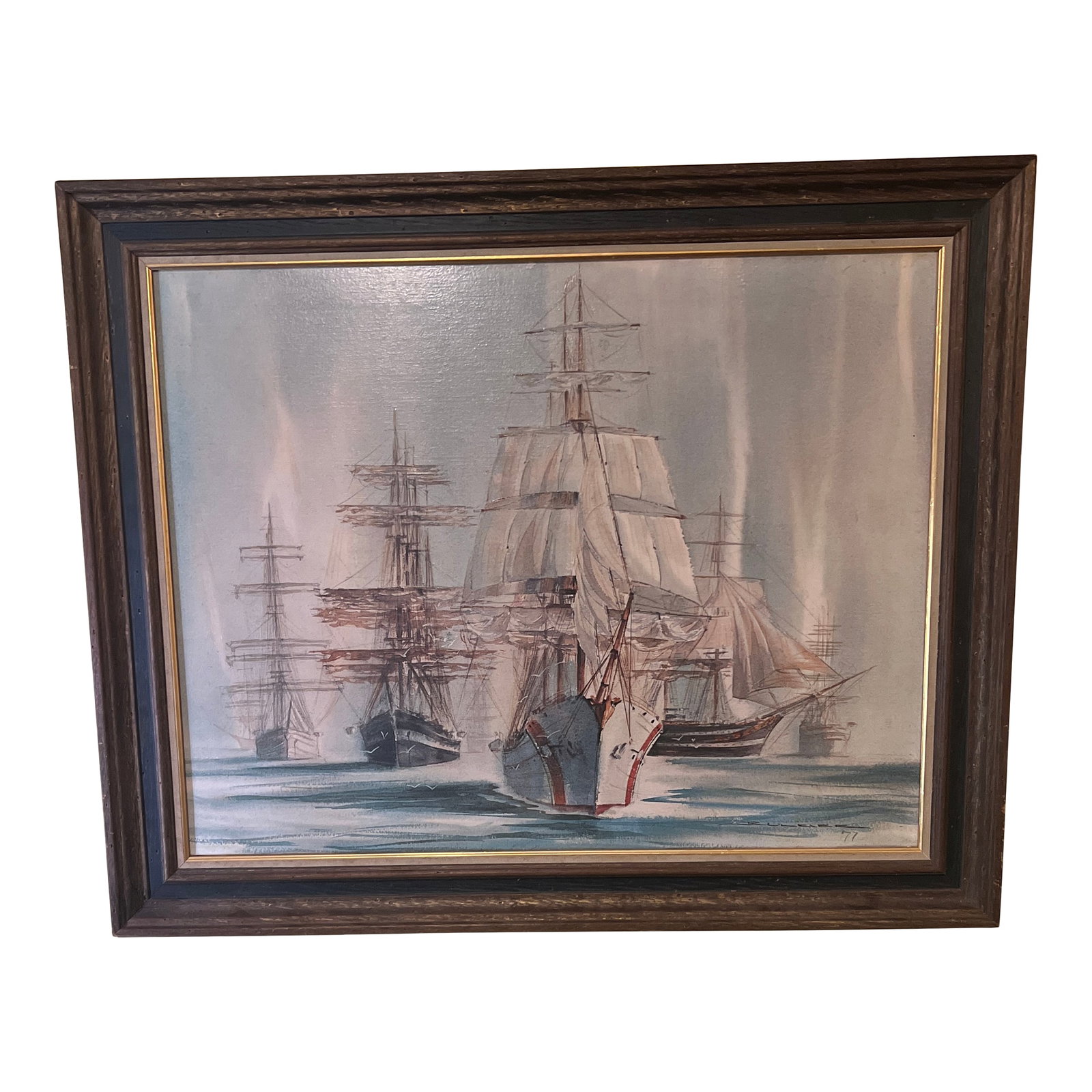 20 Th Century Oil on Canvas American School Framed Signed Sailing Ships: Sailing ships oil on canvas American school framed signed made in 1977 Condition: Alterations: Original Condition Unaltered Imperfections: Some Imperfections Condition Notes: Great condition Origin: