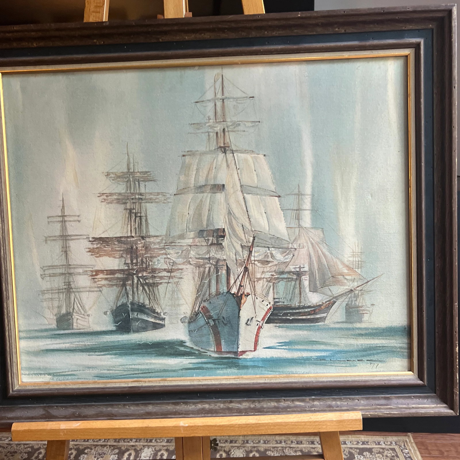 20 Th Century Oil on Canvas American School Framed Signed Sailing Ships - 2