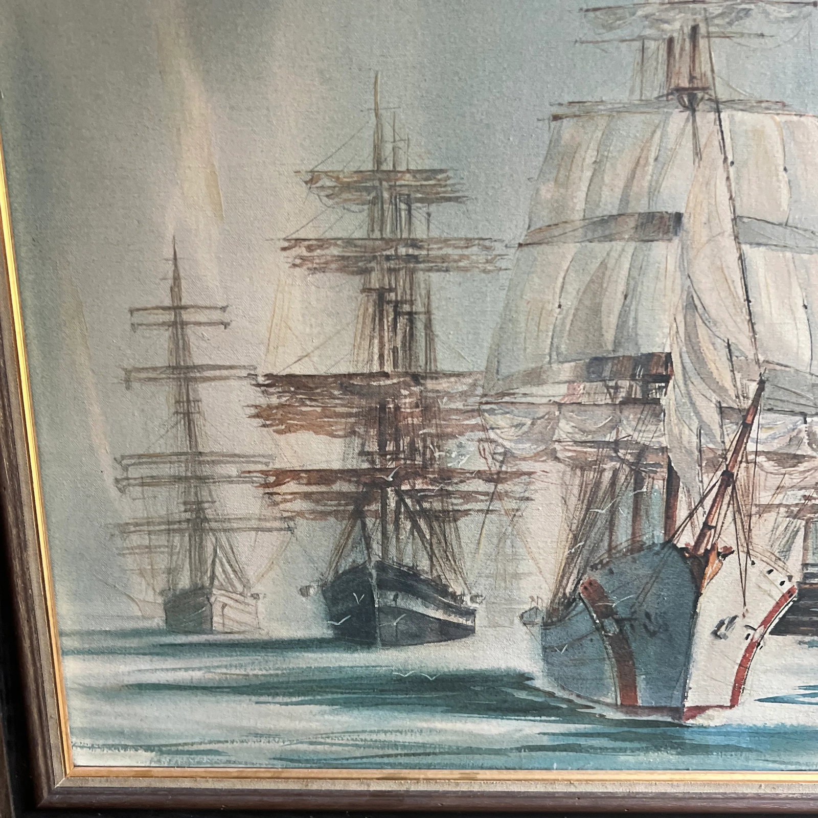 20 Th Century Oil on Canvas American School Framed Signed Sailing Ships - 3