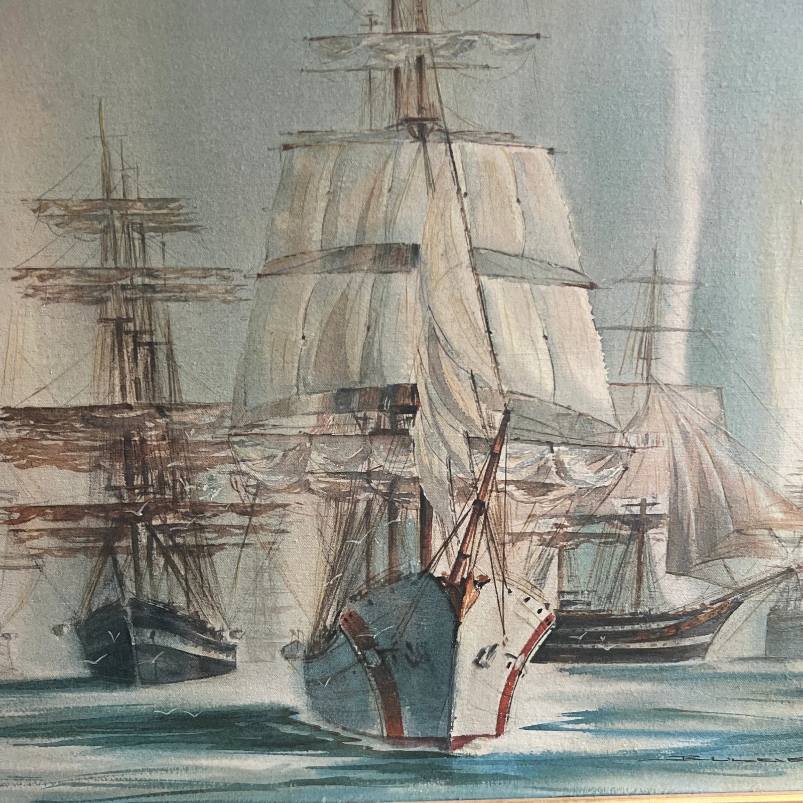 20 Th Century Oil on Canvas American School Framed Signed Sailing Ships - 4