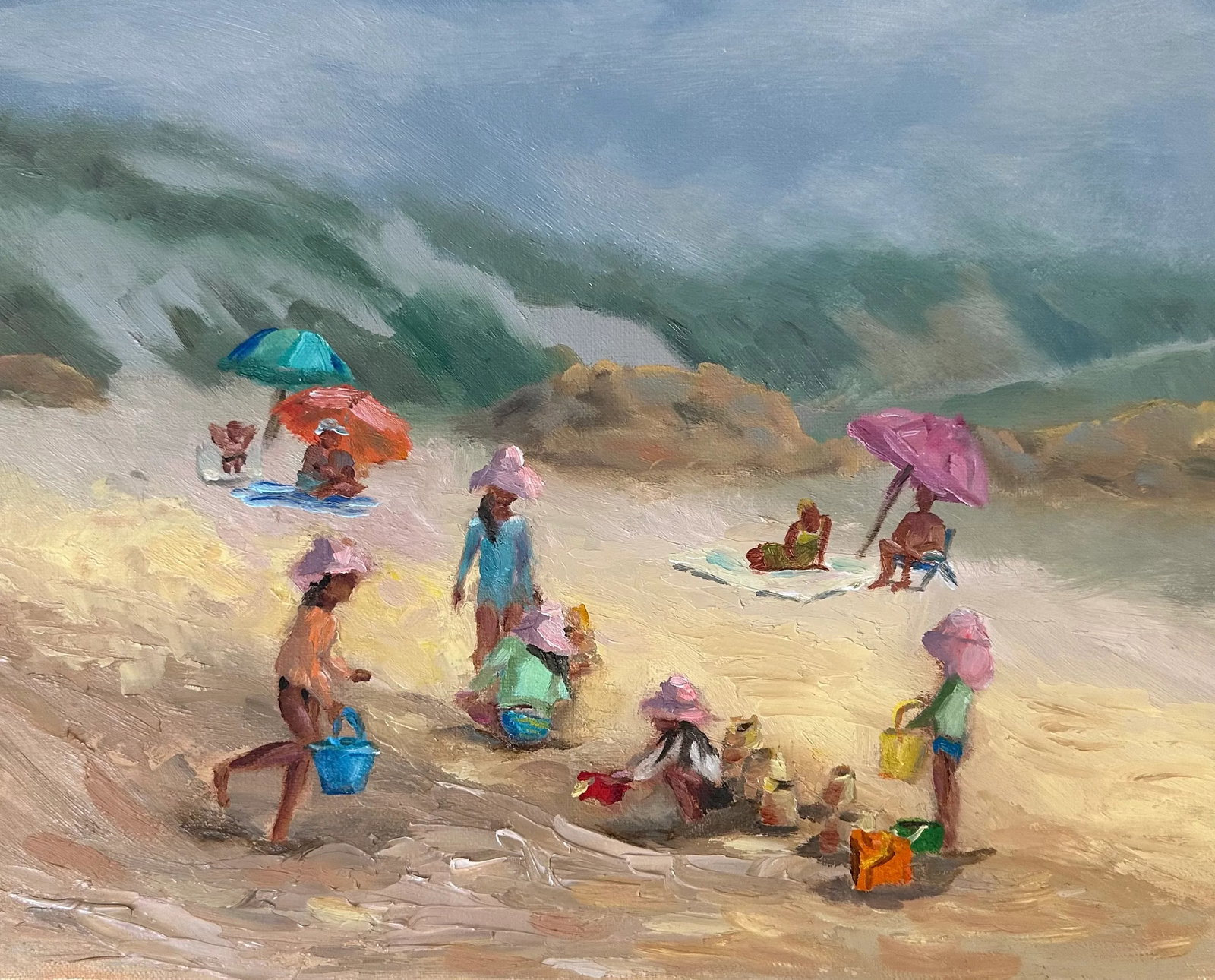 Original Fine Art Oil Paintings by Grace Diehl: These little girls were playing on the beach. Even though it was a cloudy day on Crystal Cove beach, the children wore their pink, matching hats as they busied themselves in the sand. Condition: