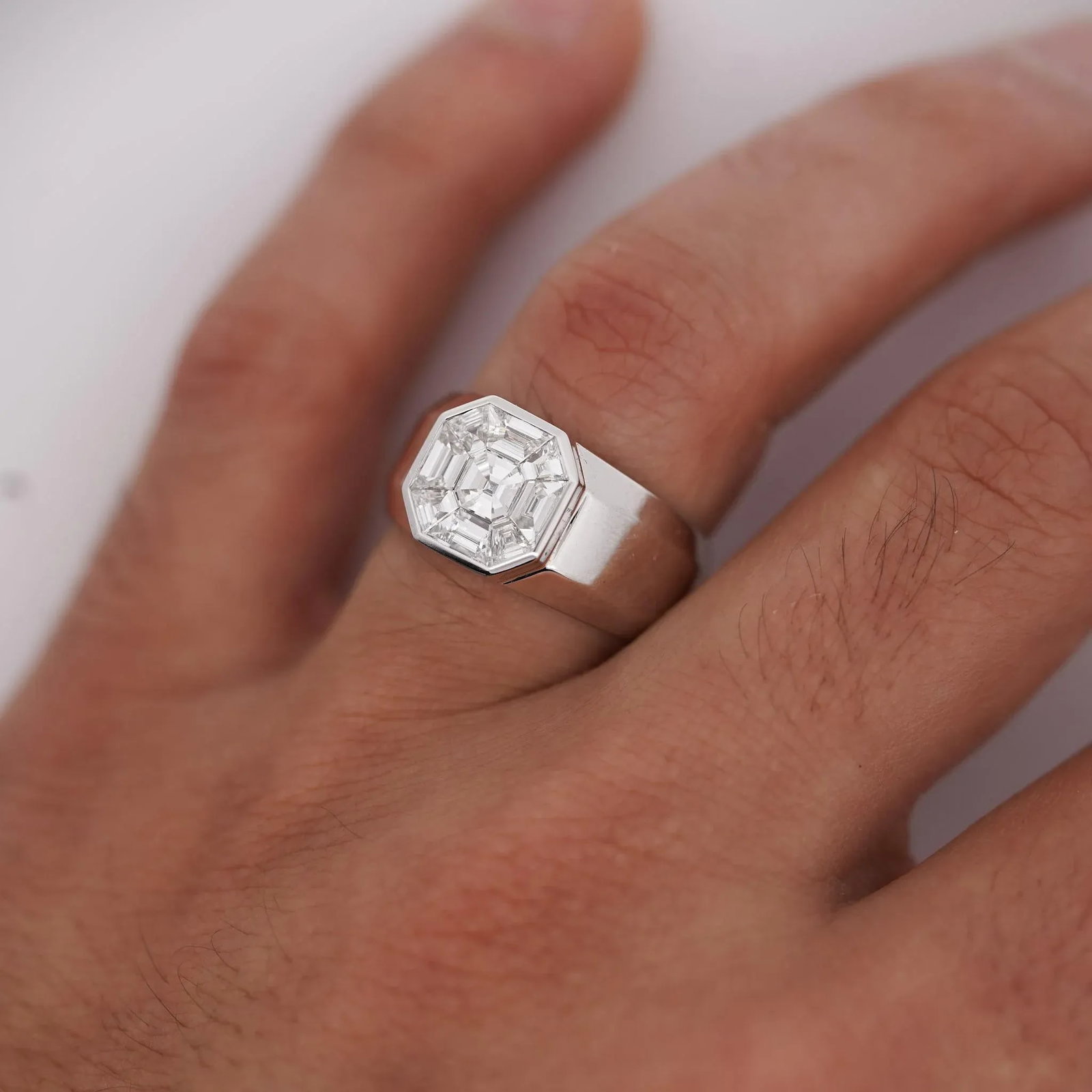 1.42 Carat Mixed Asscher Cut Illusion Set Mens Natural Diamond Cluster Ring, Size 10 - 2