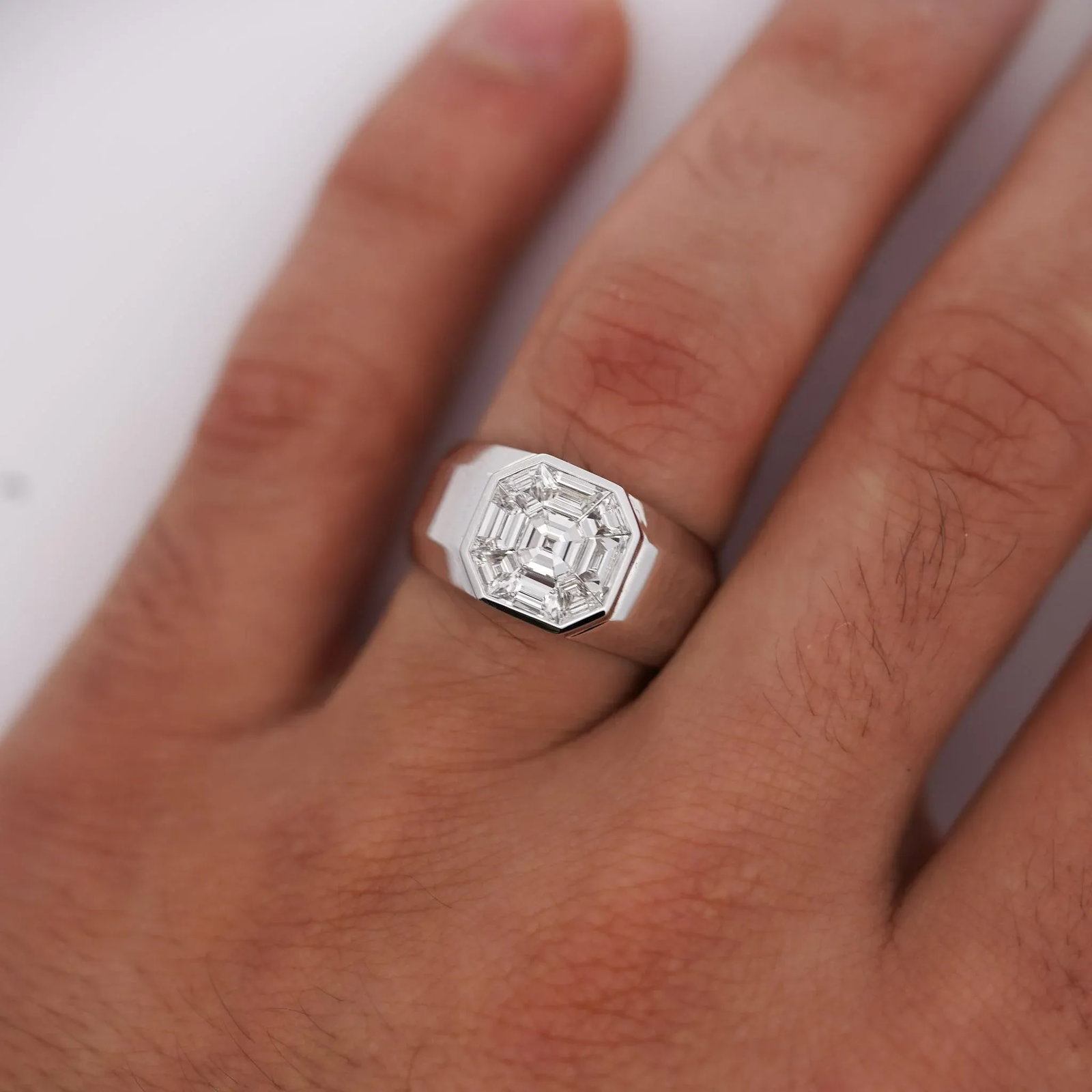 1.42 Carat Mixed Asscher Cut Illusion Set Mens Natural Diamond Cluster Ring, Size 10 - 3