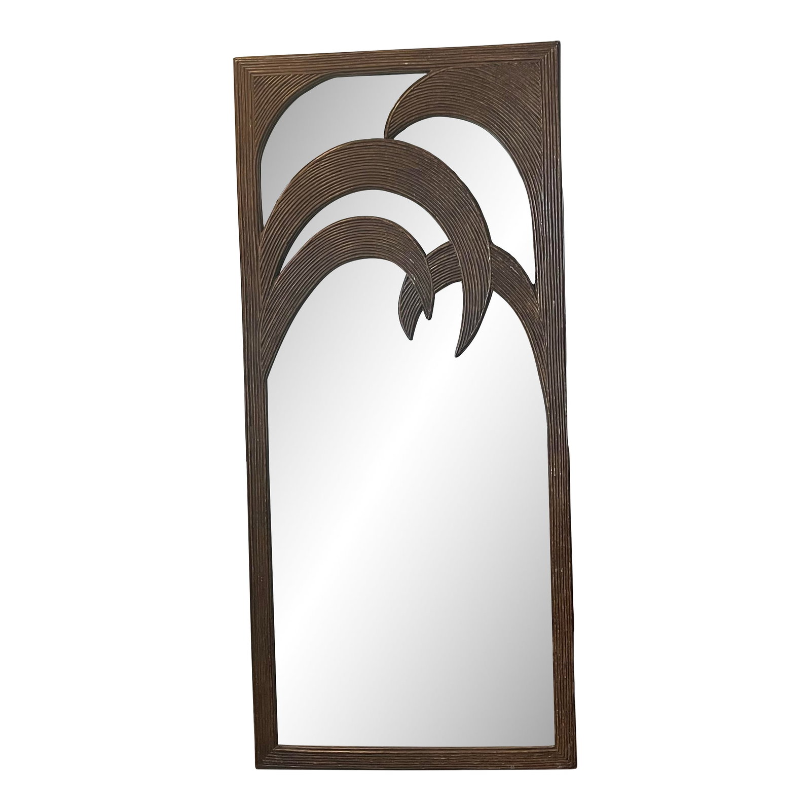 Large Floor Length Rattan Palm Tree Mirror by Vivai Del Sud. Italy, 1970s: This is a 1970s Vivai Del Sud Palm Tree Rattan Bamboo Floor Mirror. I believe it was part of Vivai del Sud three part folding mirror/screen. It features split reed tortoise rattan bamboo palm trees. V