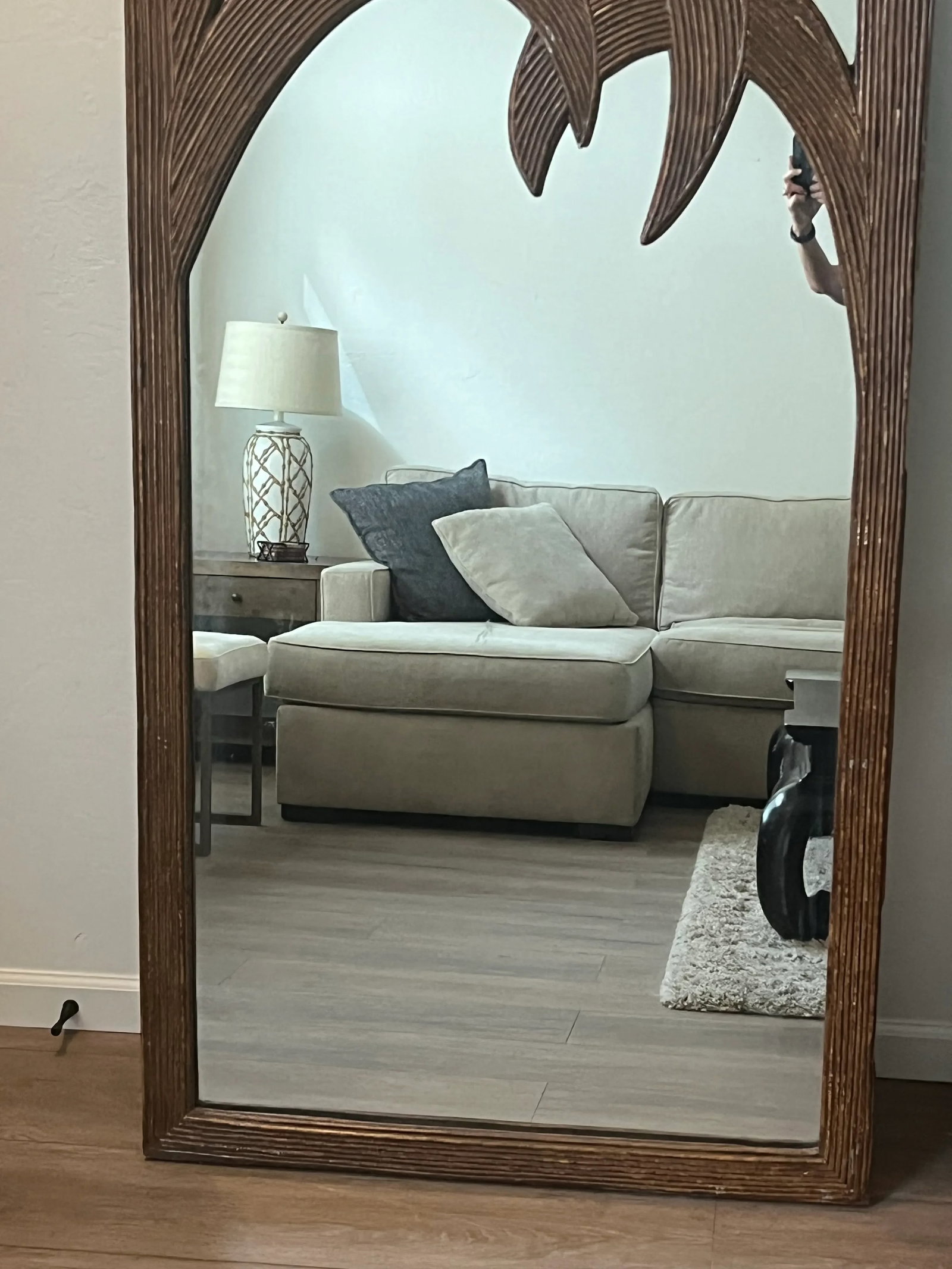 Large Floor Length Rattan Palm Tree Mirror by Vivai Del Sud. Italy, 1970s - 3