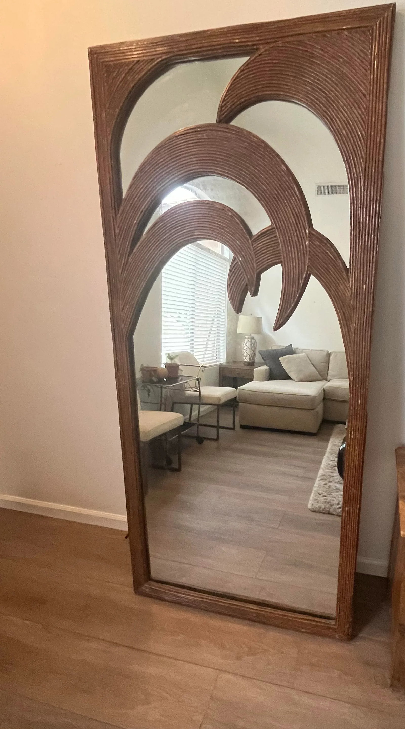 Large Floor Length Rattan Palm Tree Mirror by Vivai Del Sud. Italy, 1970s - 4