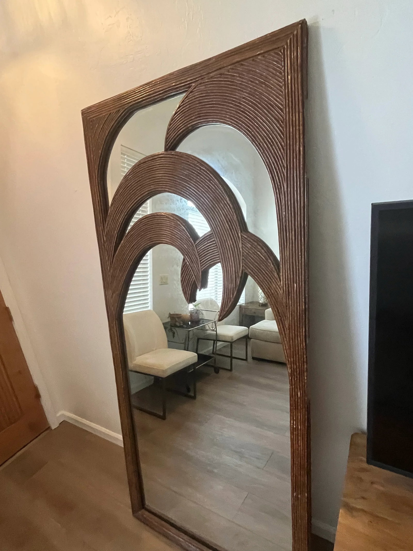 Large Floor Length Rattan Palm Tree Mirror by Vivai Del Sud. Italy, 1970s - 5