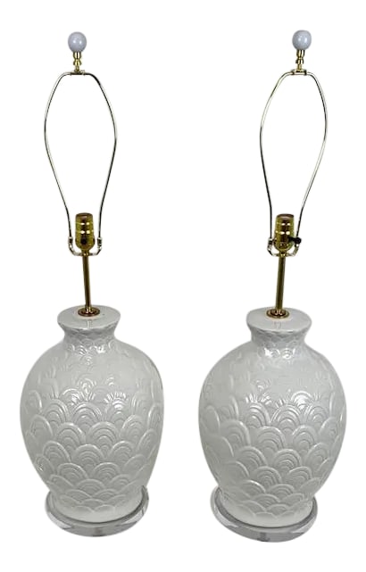 Vintage Large Ceramic Scallop Pattern Table Lamps - a Pair: These lamps are stunning. The pattern is dramatic in an understated white finish. The finial is a white ball, and all the hardware is in great condition. The cording is also white. Mid century modern 