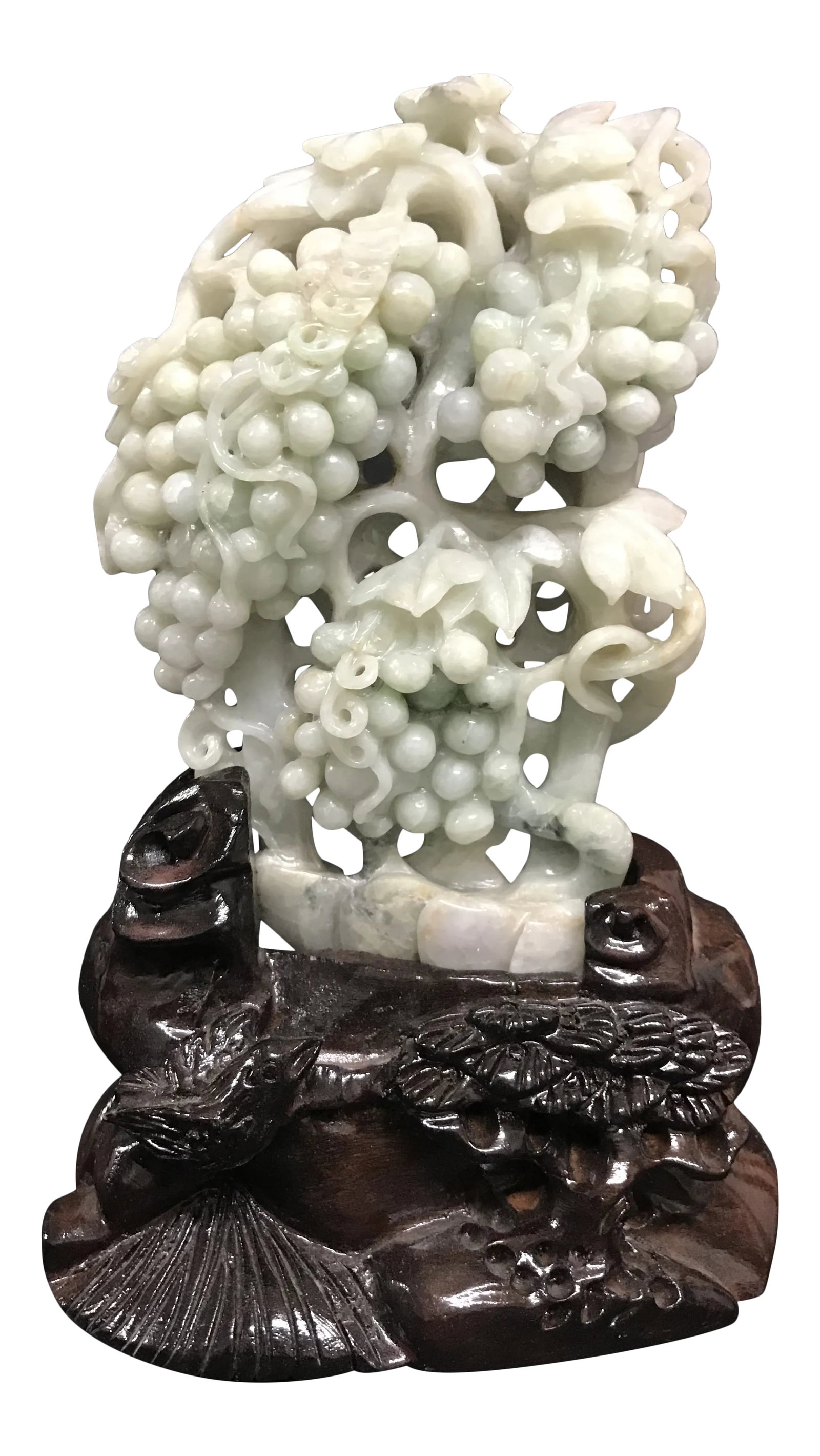 Mid 20th Century Carved Solid Jade Fruits Sculpture With Wooden Base: Chinese art carved solid jade fruits sculpture with wooden base. Ages: Mid 20th Century Materials: Jade Country: China Dimensions: 9.5 Inches High X 6 Inches Wide X 3 Inches Depth Condition: Very
