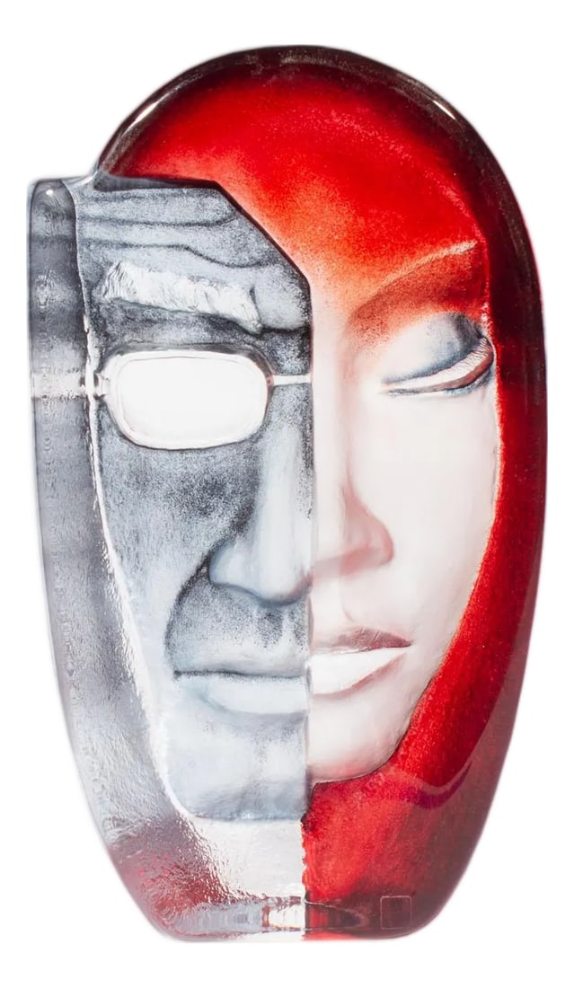 Mats Jonasson "FeMale" Masq Series Limited Edition Crystal Sculpture: A crystal limited edition sculpture designed by the Swedish glass artist and designer Mats Jonasson (born 1945). Produced by Maleras Glasbruk, this piece is titled "FeMale" and is from Jonasson's