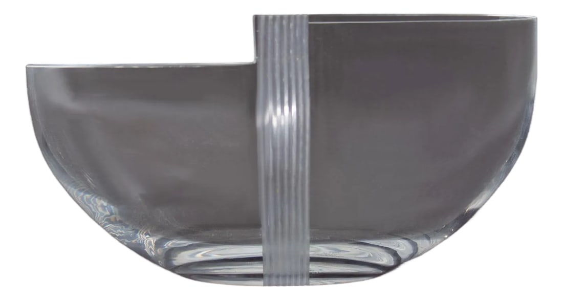 Carlo Moretti Vetri Murano Italian Glass Bowl: A glass bowl designed by Carlo Moretti. Made in Italy, the bowl is made of clear glass with a satin ridged accent in the middle that combines its two halves in the center. The top lips of the halves