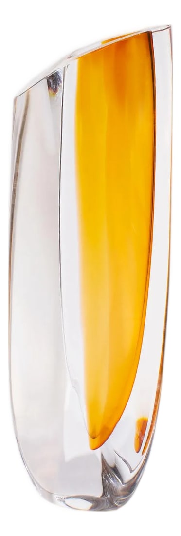 Goran Warff Kosta Boda Limited Edition Saraband Vase: A limited edition "Saraband" vase designed by Swedish glass artist and designer Goran Warff (born 1933) for Kosta Boda. Made in Sweden, the vase has an angled top and a bright orange-yellow interior