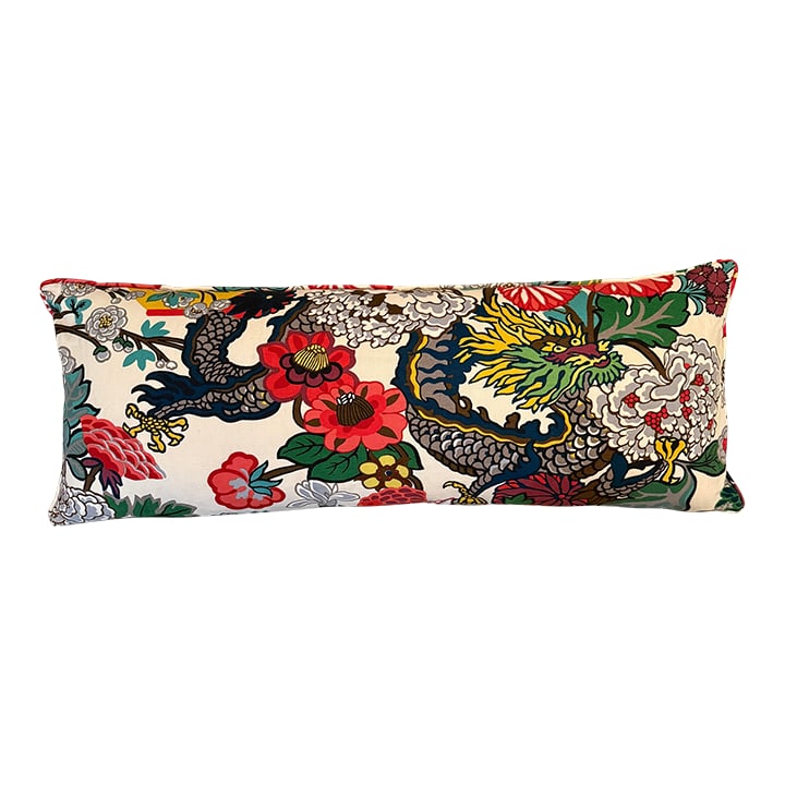Schumacher Chiang Mai Dragon Oversized Lumbar Pillow: Schumacher Chiang Mai Dragon fabric in alabaster. Oversized lumbar plow with velvet green back. Approximately 45 inches wide. Condition: Alterations: Original Condition Unaltered Imperfections: Some