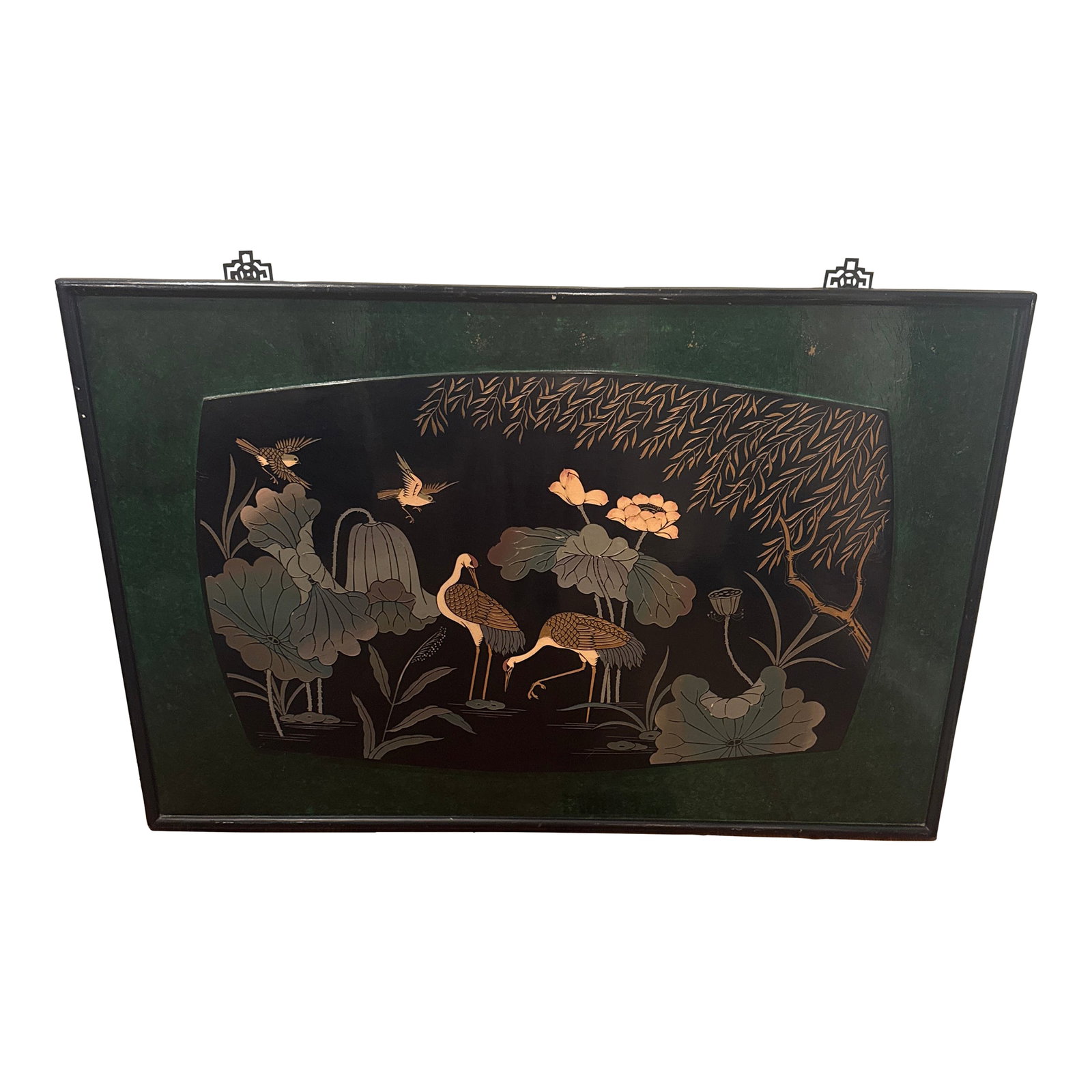 1970s Lacquered Relief of Birds at a Pond: Vintage Asian Lacquered Relief of Birds at a Pond. Condition: Alterations: Original Condition Unaltered Imperfections: Some Imperfections Condition Notes: Good vintage condition. Some scuffs and