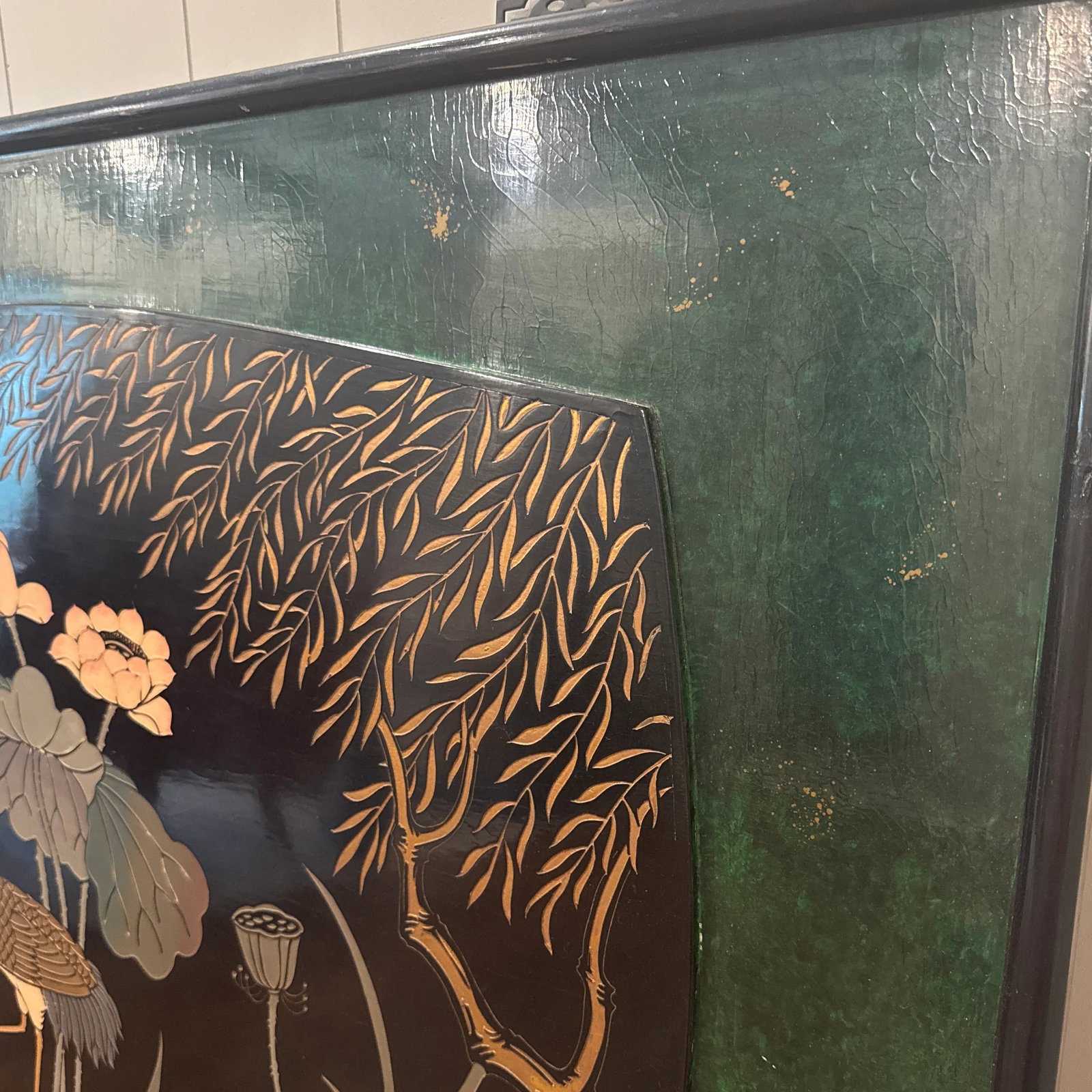 1970s Lacquered Relief of Birds at a Pond - 3