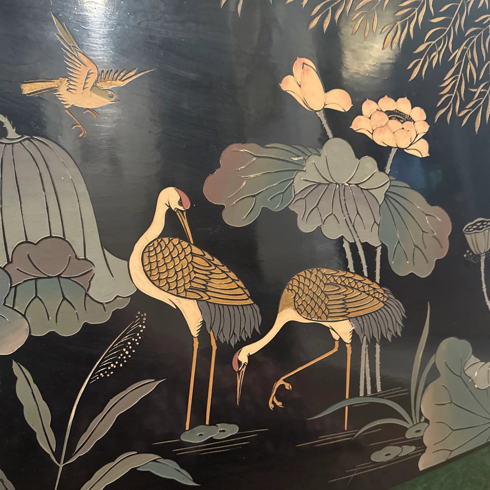 1970s Lacquered Relief of Birds at a Pond - 4