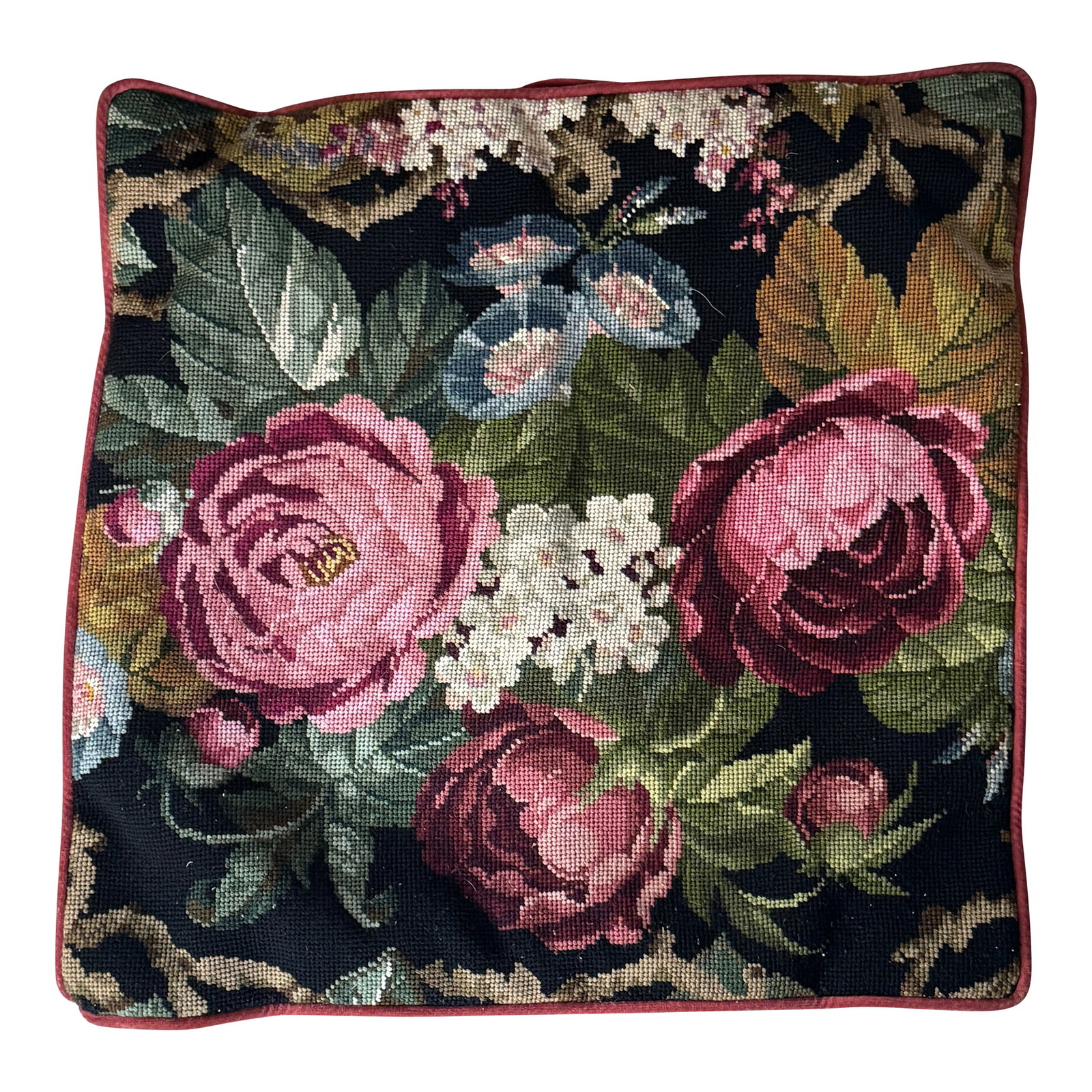 Maria Kiekeben Madeira Portugal Wool Needlepoint Floral Velvet Pillow Cover: Listing is for a vintage floral needlepoint pillow cover from the Maria L Kiekeben shop in Madeira Portugal. The floral needlepoint depicts pink roses against lush green foliage amongst other blooms