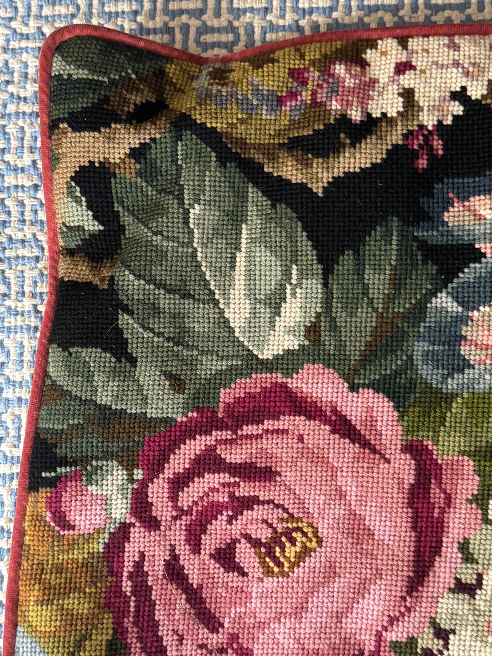 Maria Kiekeben Madeira Portugal Wool Needlepoint Floral Velvet Pillow Cover - 3