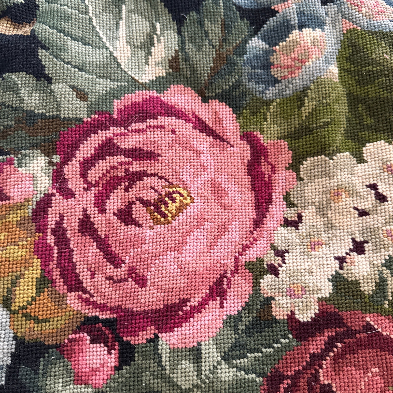 Maria Kiekeben Madeira Portugal Wool Needlepoint Floral Velvet Pillow Cover - 4