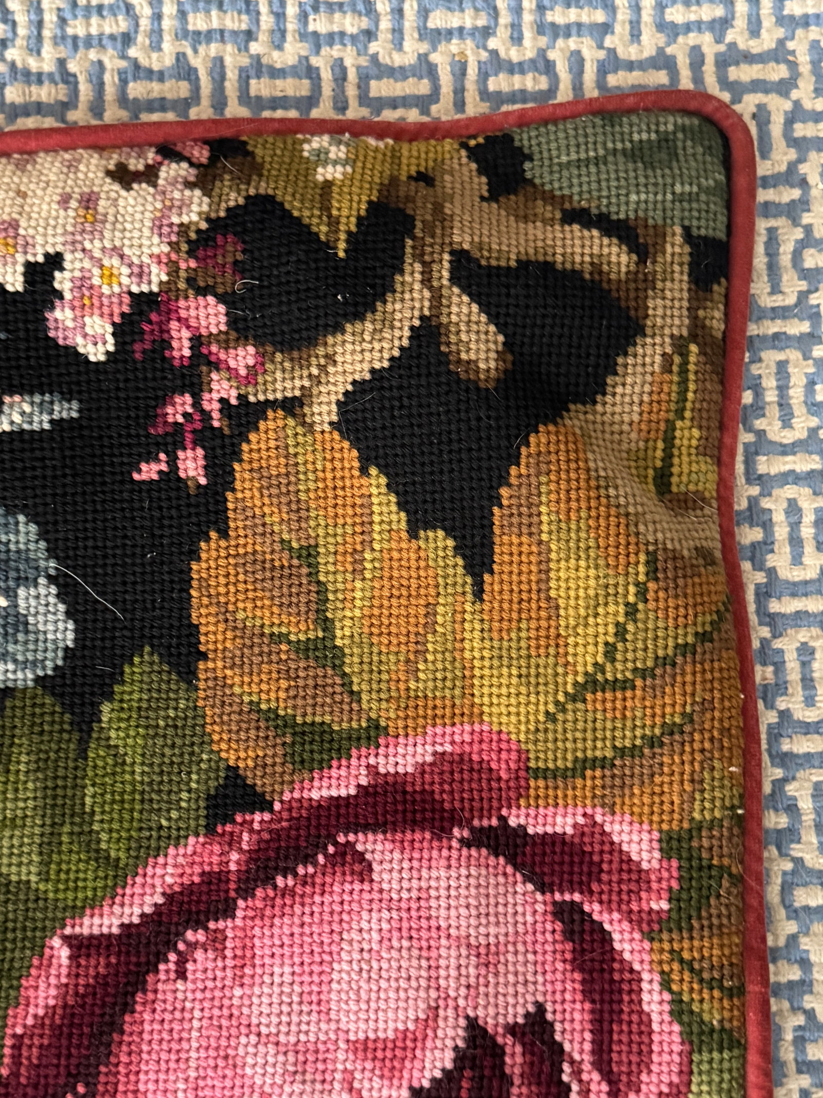 Maria Kiekeben Madeira Portugal Wool Needlepoint Floral Velvet Pillow Cover - 6