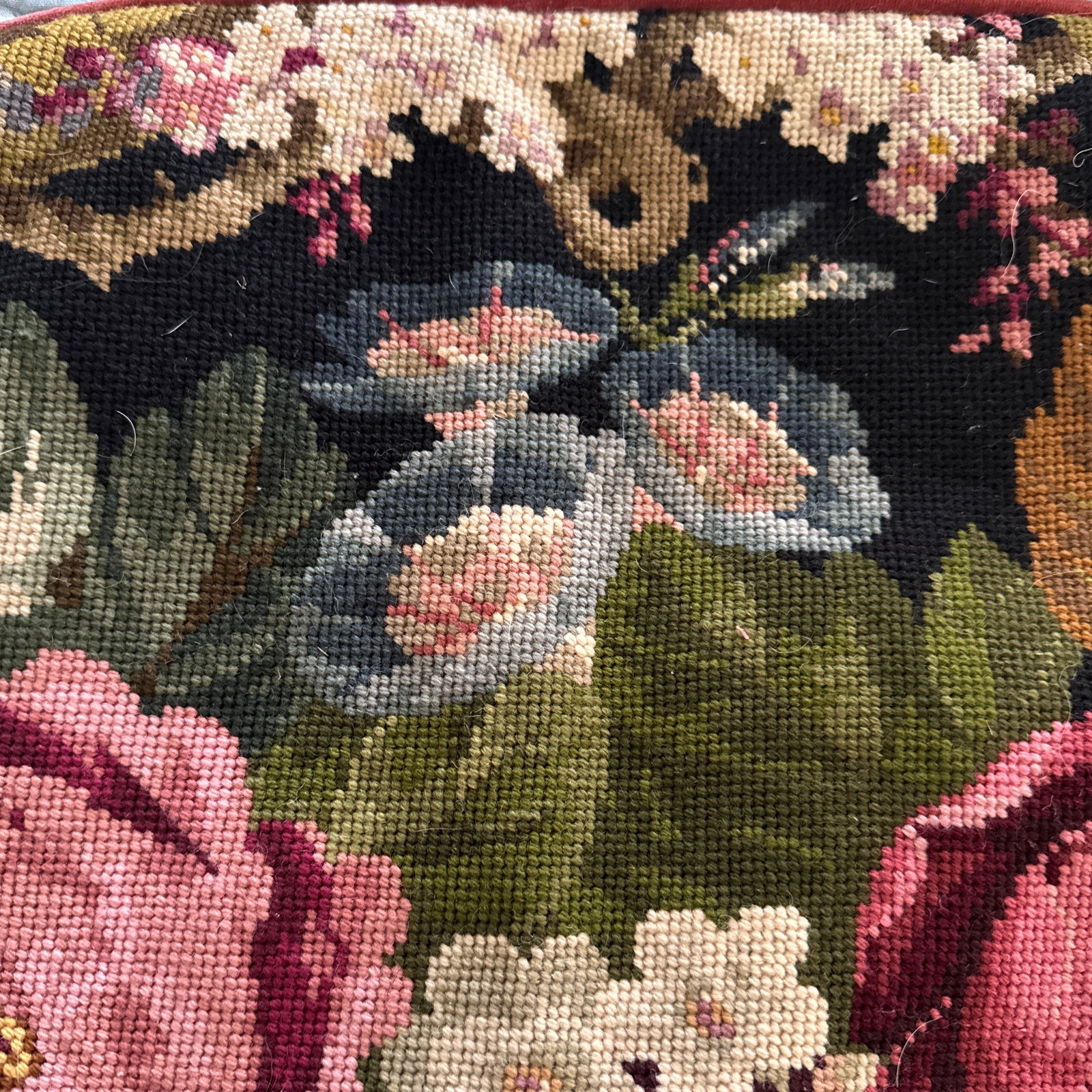 Maria Kiekeben Madeira Portugal Wool Needlepoint Floral Velvet Pillow Cover - 7