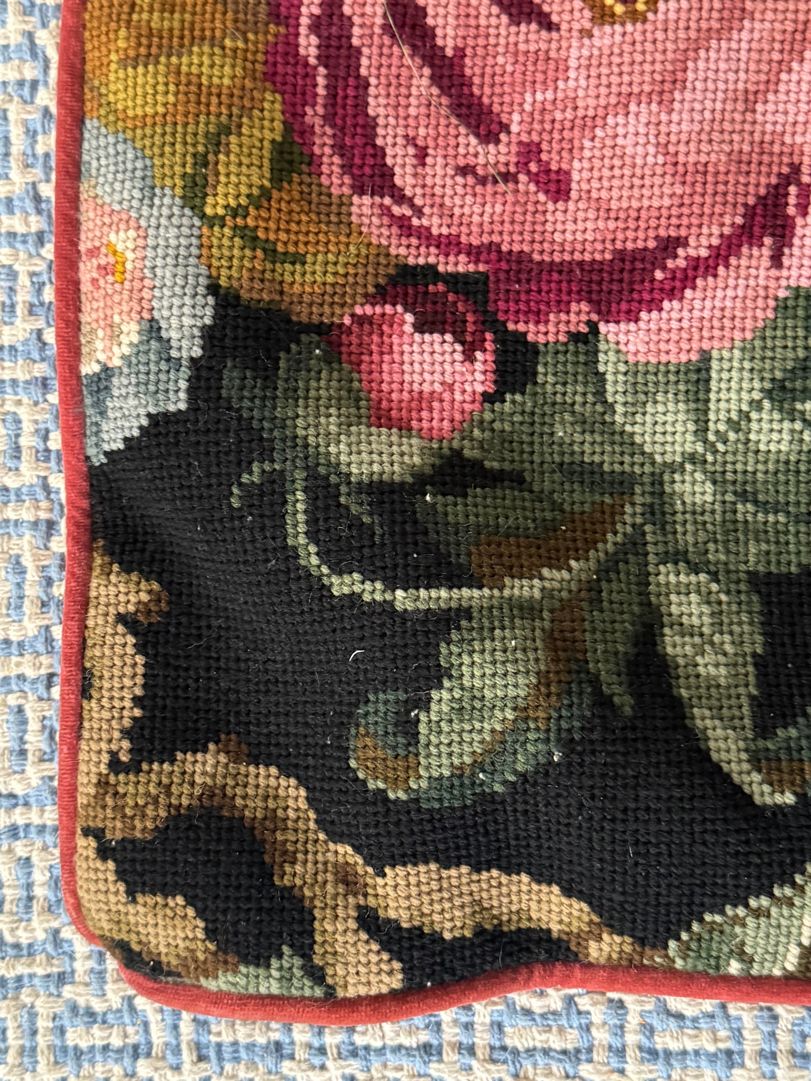 Maria Kiekeben Madeira Portugal Wool Needlepoint Floral Velvet Pillow Cover - 9