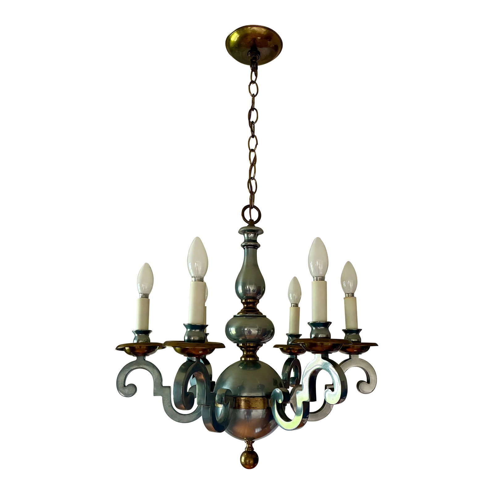 Vintage 1971 Ethan Allen Six-Light Square Arm Chandelier: This rare pewter chandelier with brass accents was purchased new from Ethan Allen and graced the family dining room for 45 years. It has the original wiring, intact finish, minimal wear, and it looks