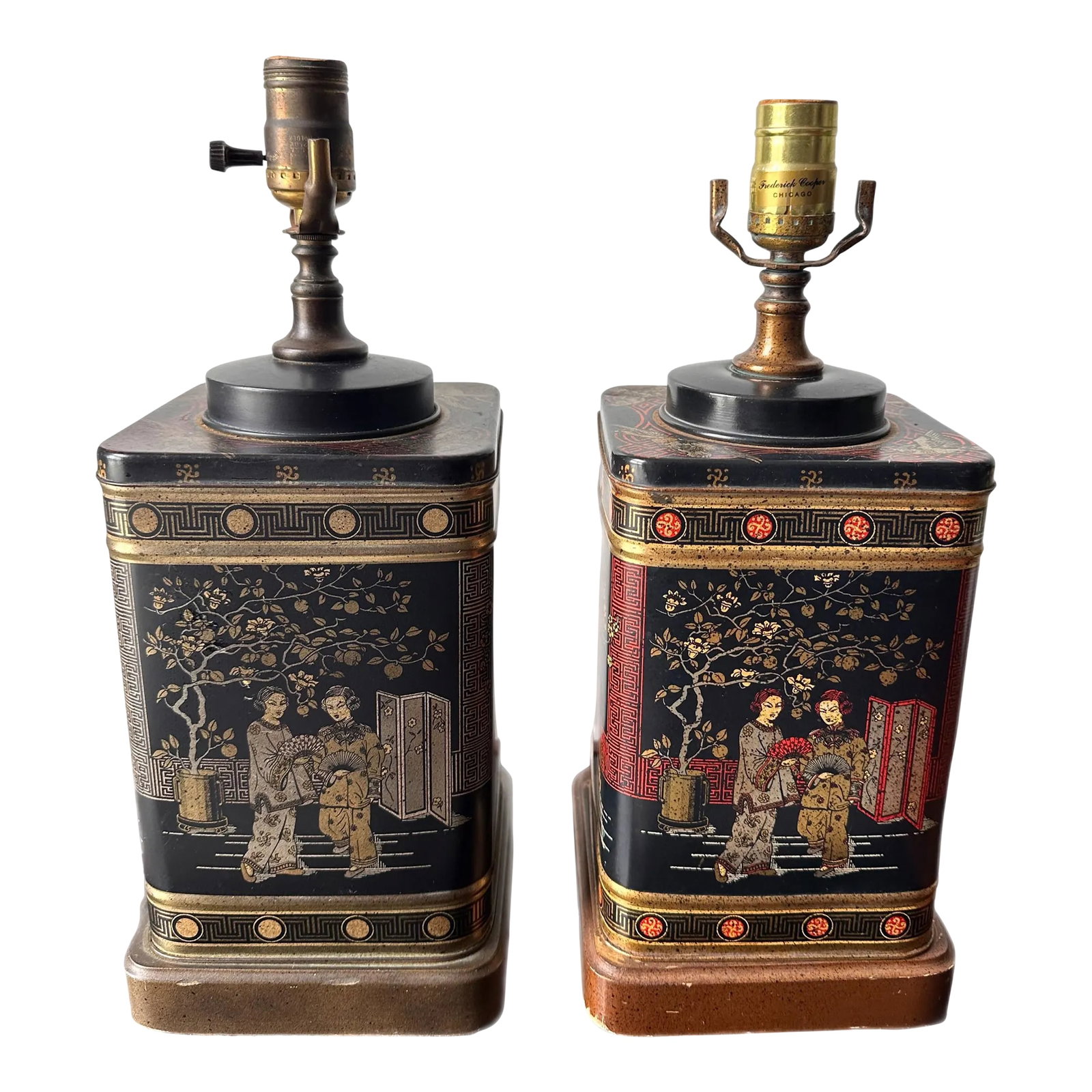 Fredrick Cooper Vintage Chinoiserie English Tole Metal Tea Canister Chinese Painted Pair Table Lamps: Mid century a pair Fredrick Cooper tea caddy canister table lamps Condition: Alterations: Original Condition Unaltered Imperfections: Some Imperfections Condition Notes: In good condition Origin: Unit