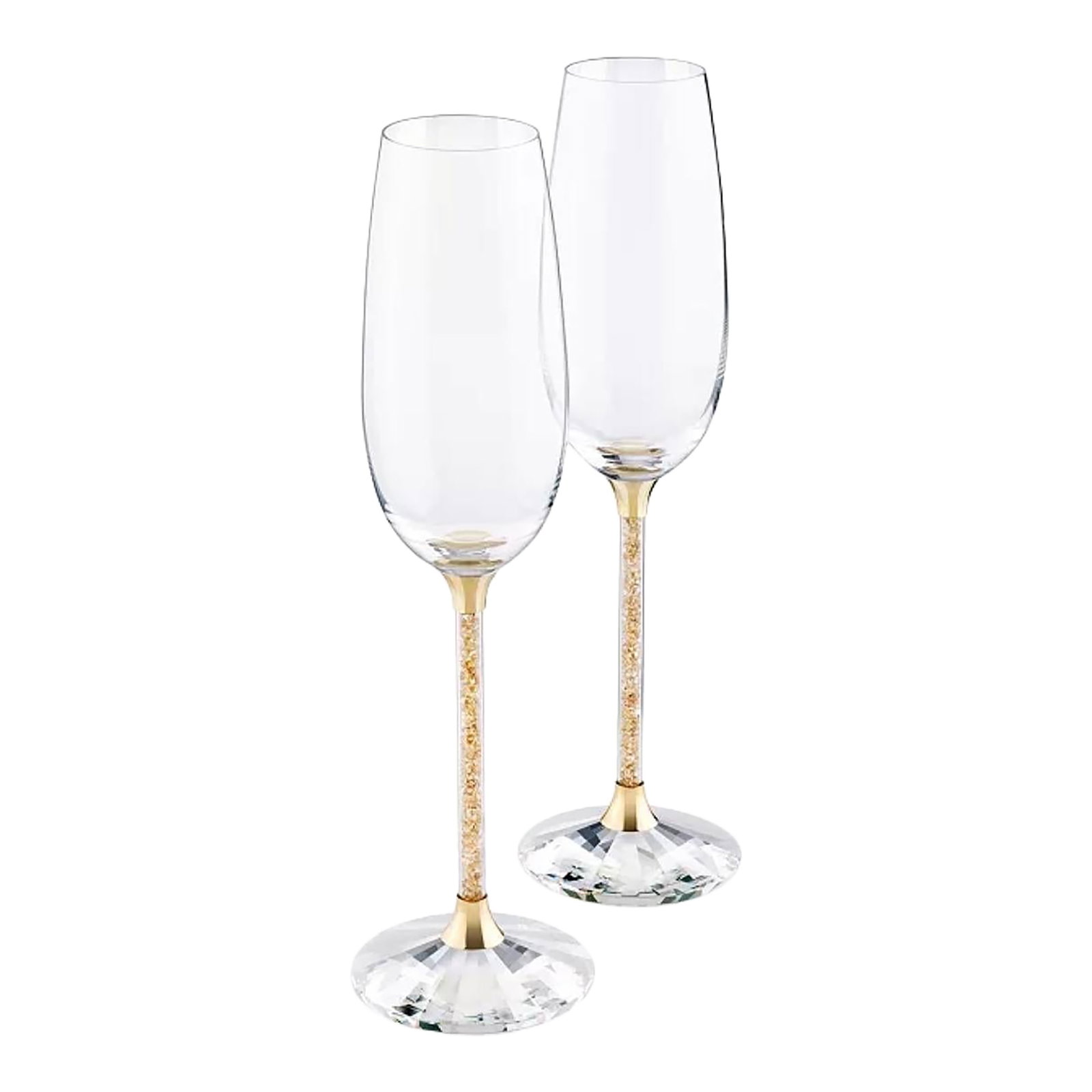 Swarovski Stemware | Set of 2 Crystalline Golden Shadow Toasting Flutes: Delicate, elegant and very festive, this is a set of two flutes for very special occasions. The clear crystal or golden shadow crystals fill the stems and the faceted clear crystal base of each of the