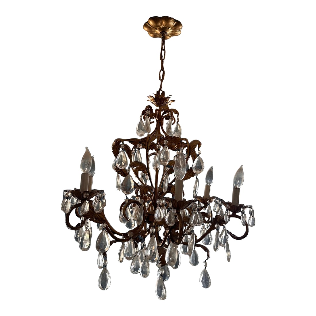 1950s Mid-Century Rococo Revival Crystal Chandelier With Gilded Leaf Arms: Add timeless elegance to your space with this 1950s Rococo Revival chandelier, a stunning example of mid-century craftsmanship inspired by 18th-century French design. Originally installed in a private