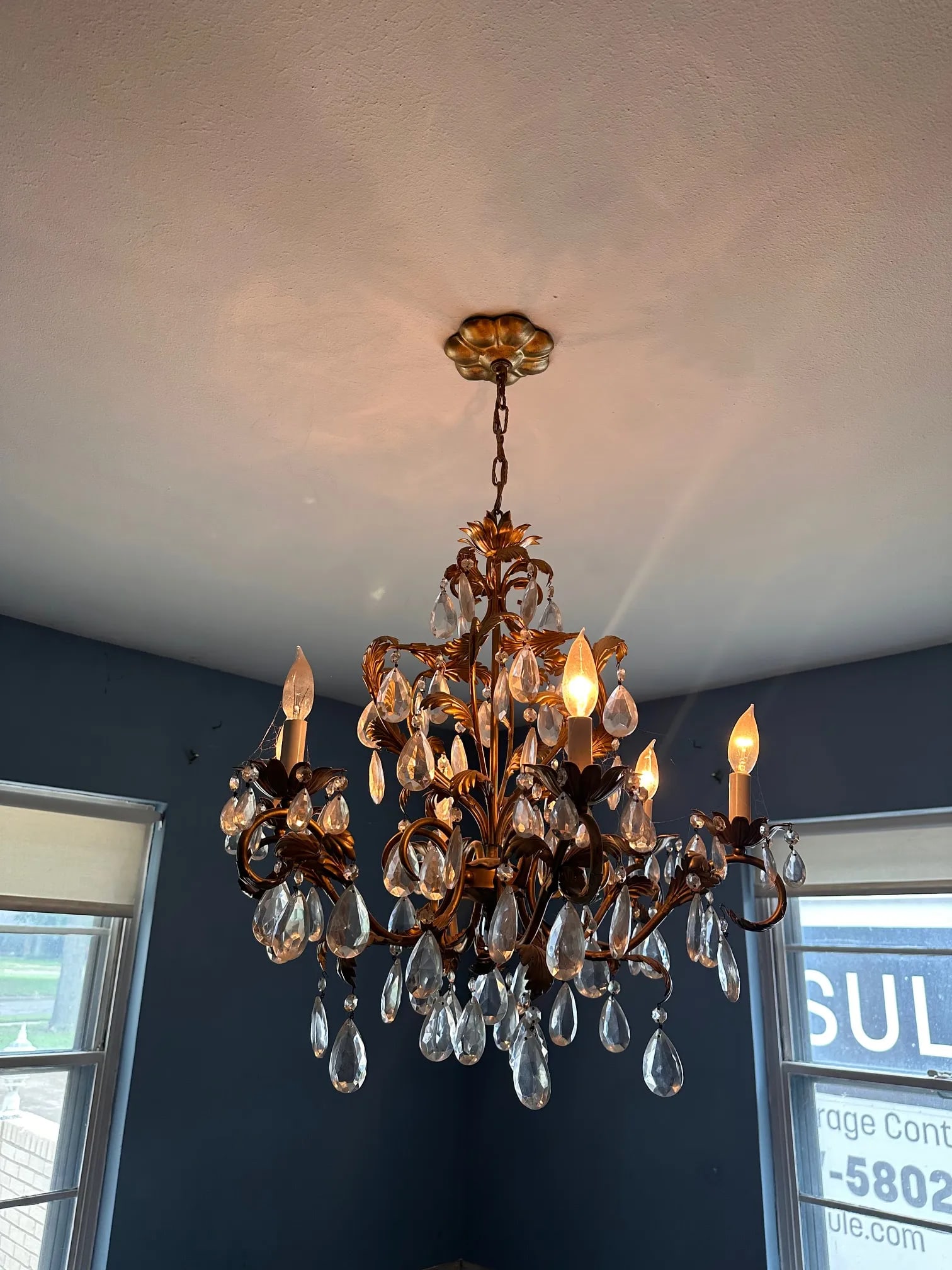 1950s Mid-Century Rococo Revival Crystal Chandelier With Gilded Leaf Arms - 2