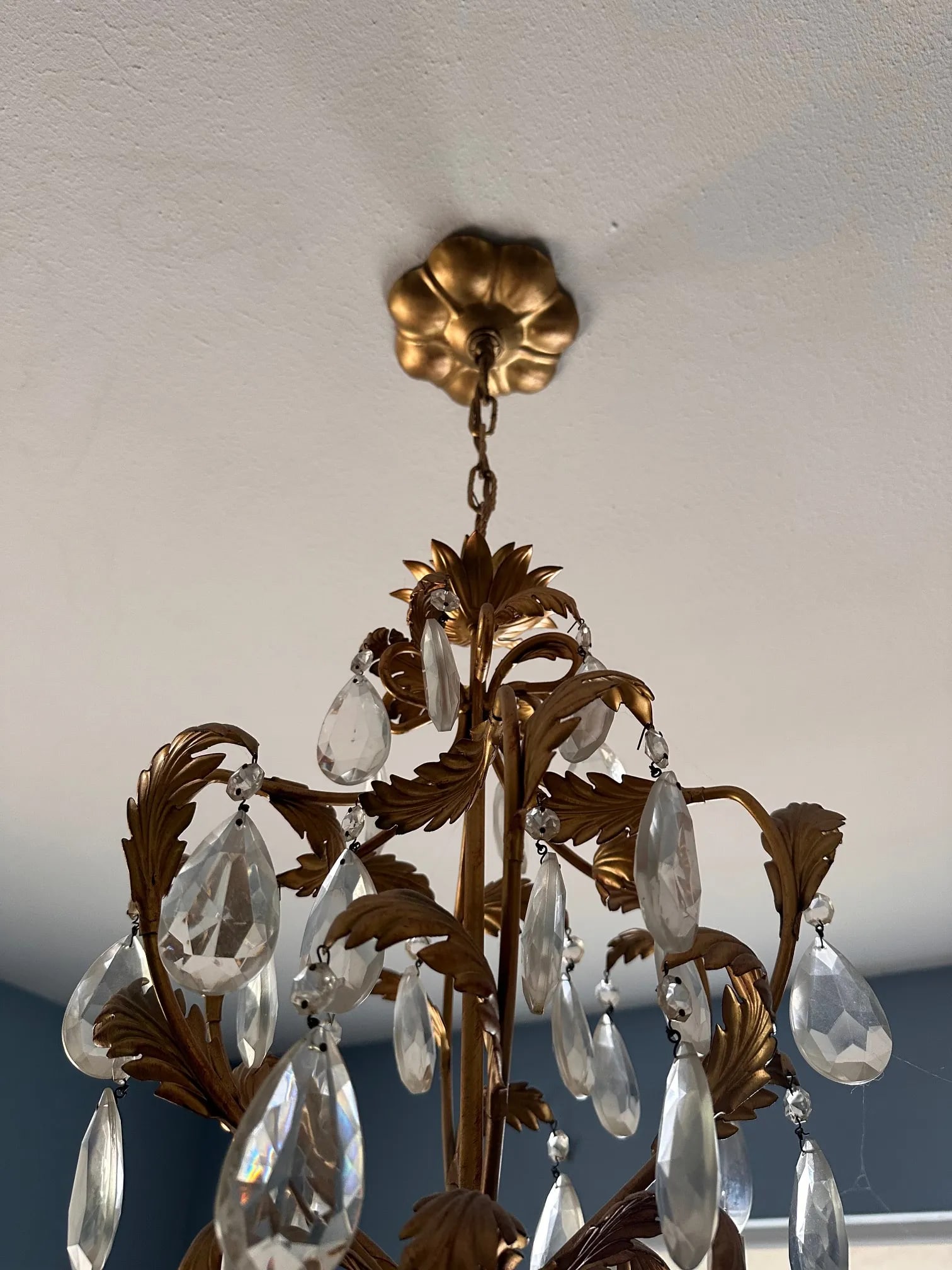 1950s Mid-Century Rococo Revival Crystal Chandelier With Gilded Leaf Arms - 3