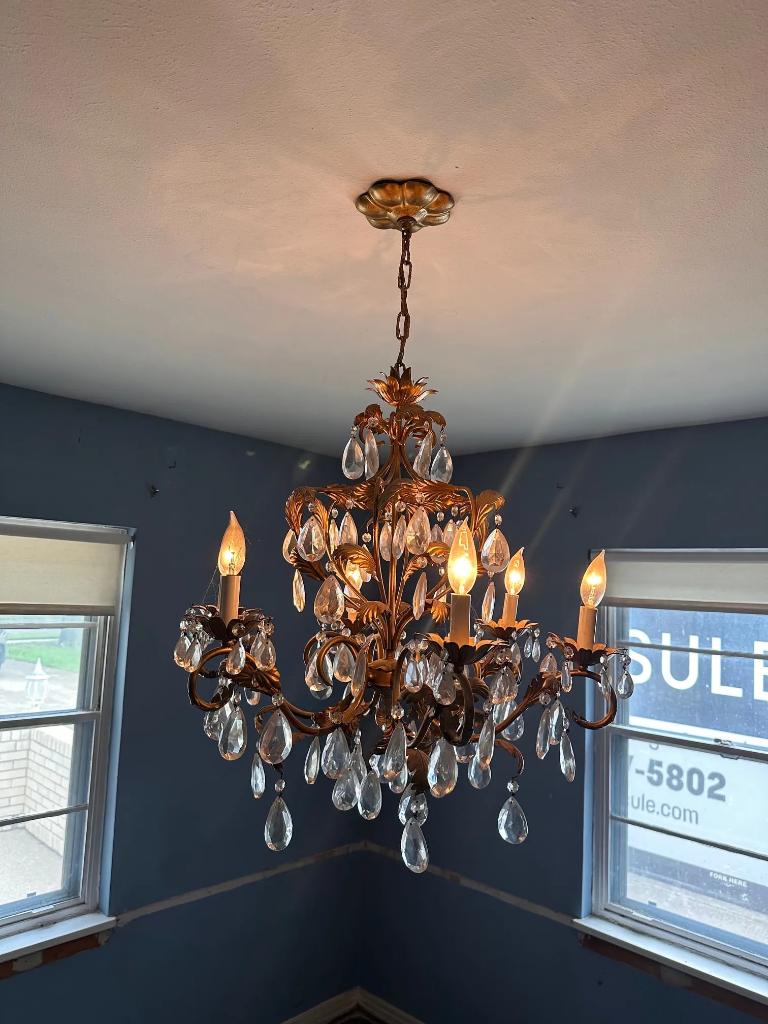 1950s Mid-Century Rococo Revival Crystal Chandelier With Gilded Leaf Arms - 5