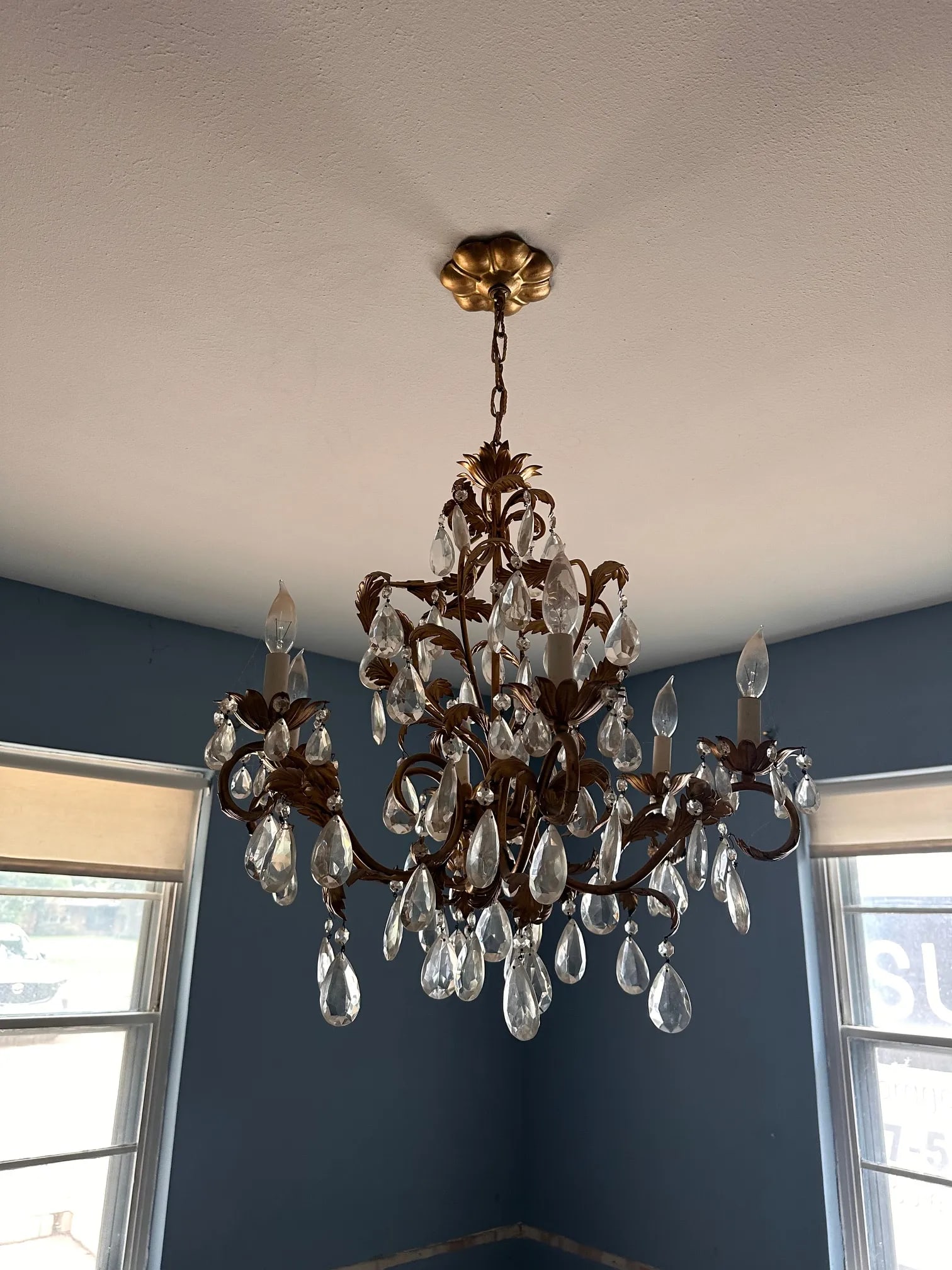 1950s Mid-Century Rococo Revival Crystal Chandelier With Gilded Leaf Arms - 6
