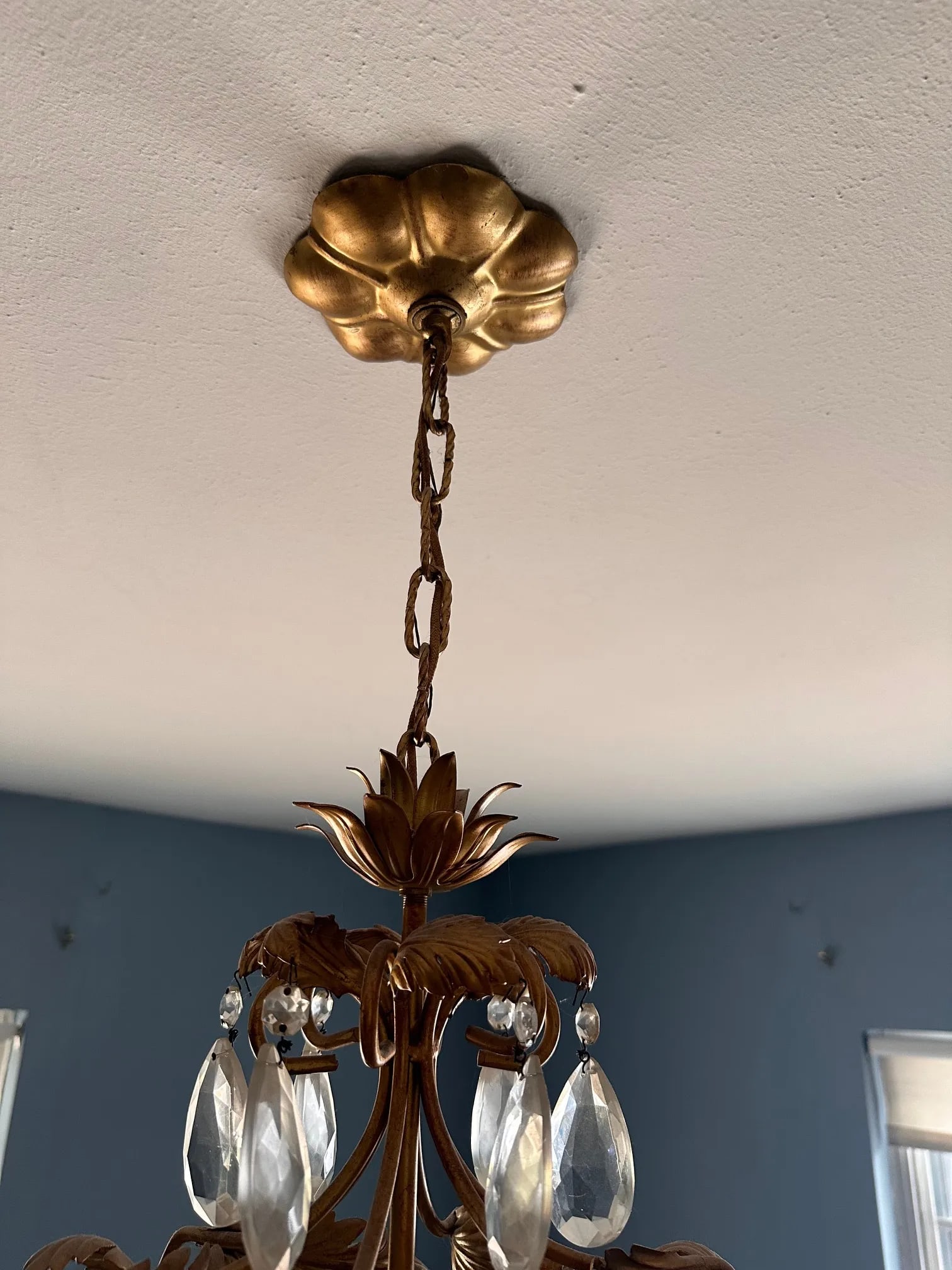 1950s Mid-Century Rococo Revival Crystal Chandelier With Gilded Leaf Arms - 7