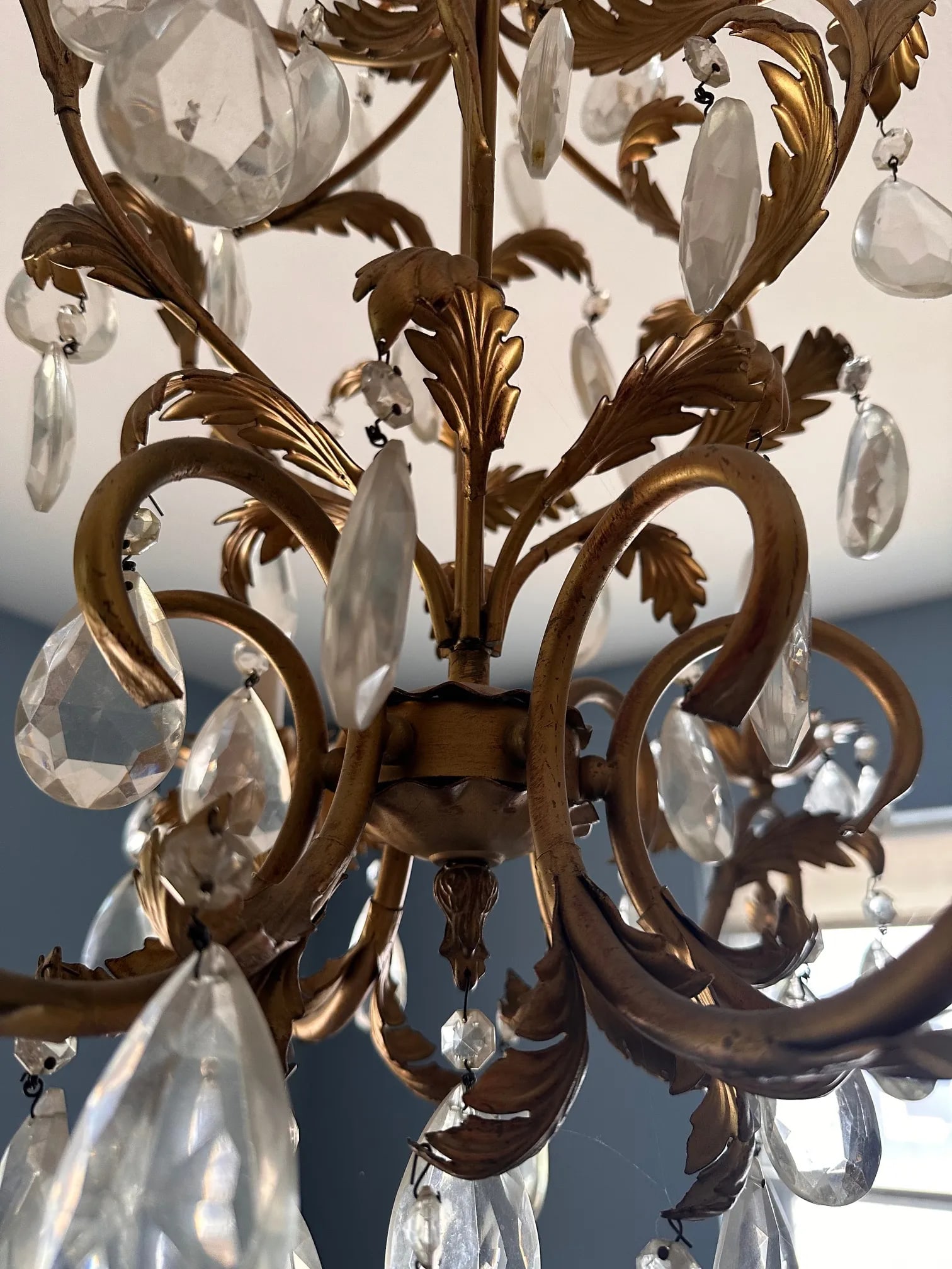 1950s Mid-Century Rococo Revival Crystal Chandelier With Gilded Leaf Arms - 8