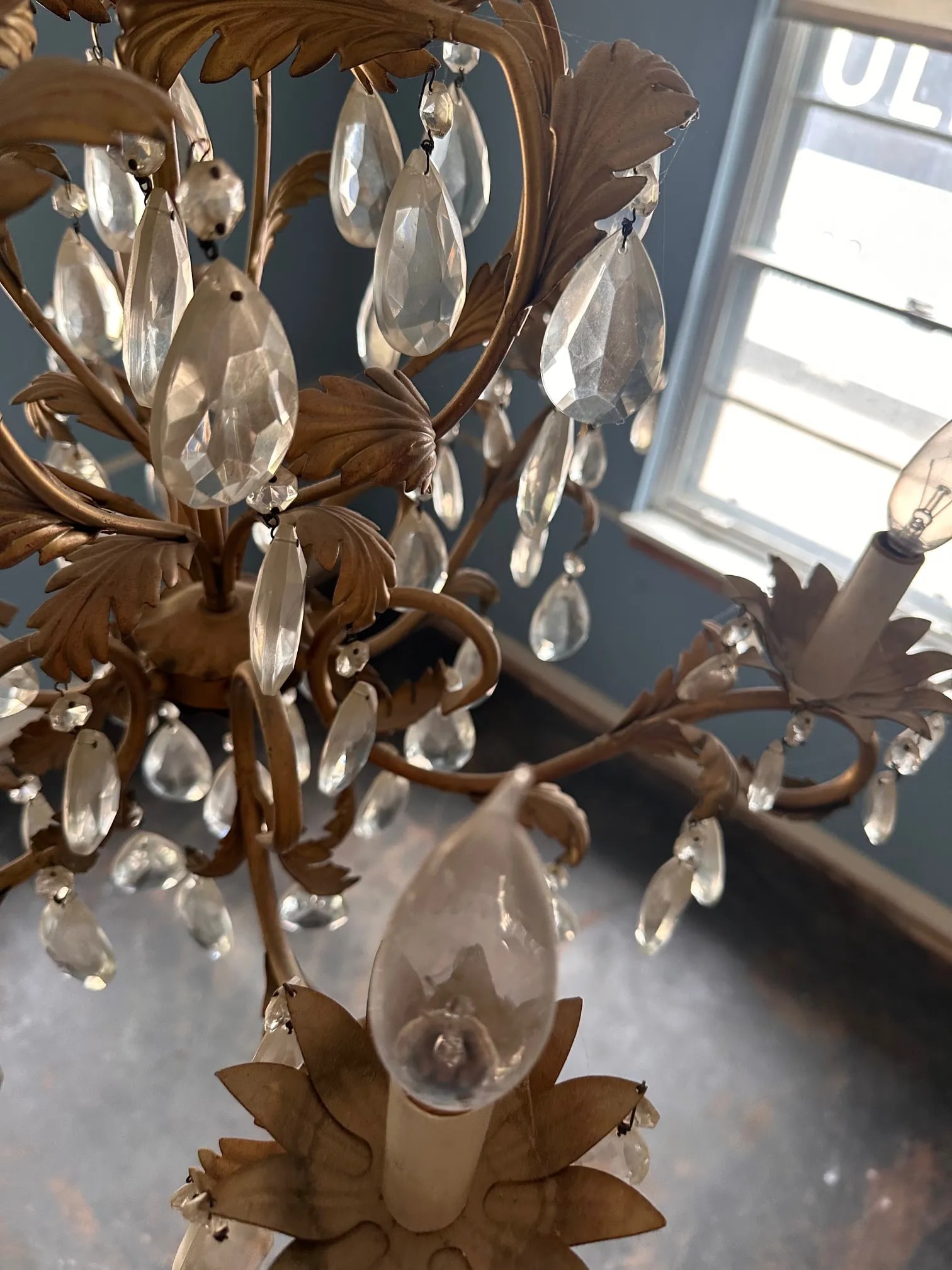 1950s Mid-Century Rococo Revival Crystal Chandelier With Gilded Leaf Arms - 9