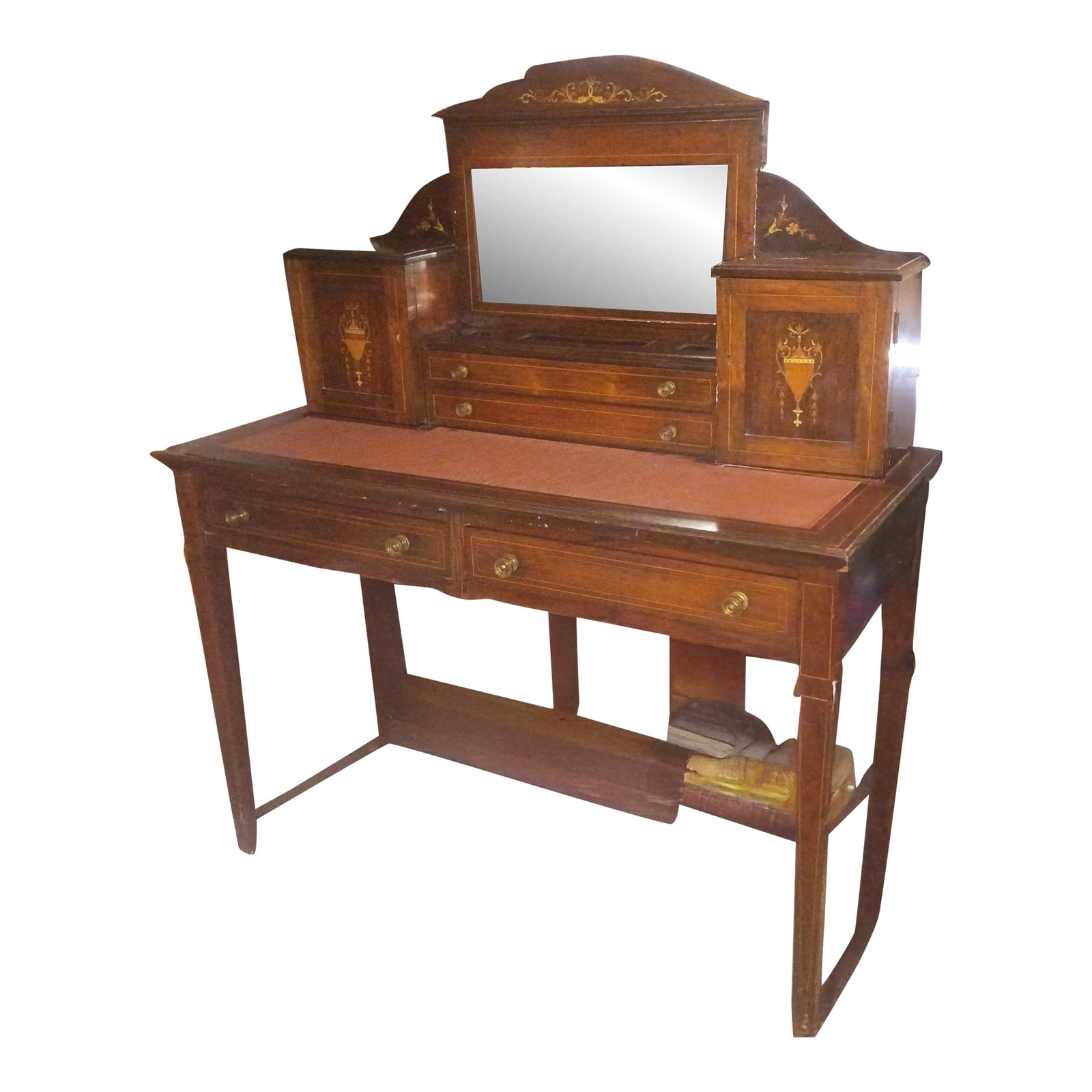Antique Edwardian Inlaid Mahogany Bonheur Du Jour Ladies Writing Desk (c.1900) - Sheraton Revival St: For sale is a beautiful antique Edwardian "Bonheur du Jour" writing desk, dating to the turn of the 20th century. Crafted from rich mahogany, this piece exemplifies the Sheraton Revival style with its
