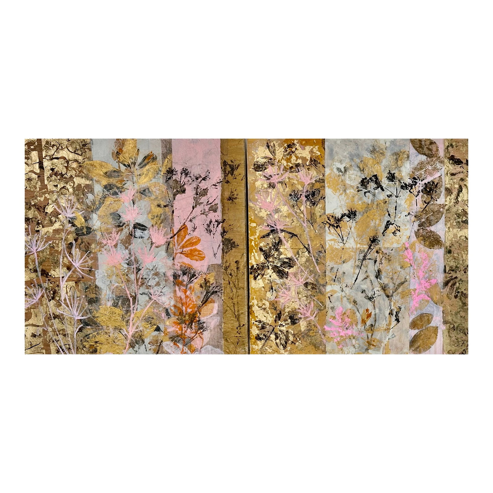 Spring Garden #1, Diptych, 24"x48": I print and make collage, mixed media paintings. This evolved from flowers and plants I collect in my neighborhood, which I use to make botanical prints and then incorporate them into paintings. I am 