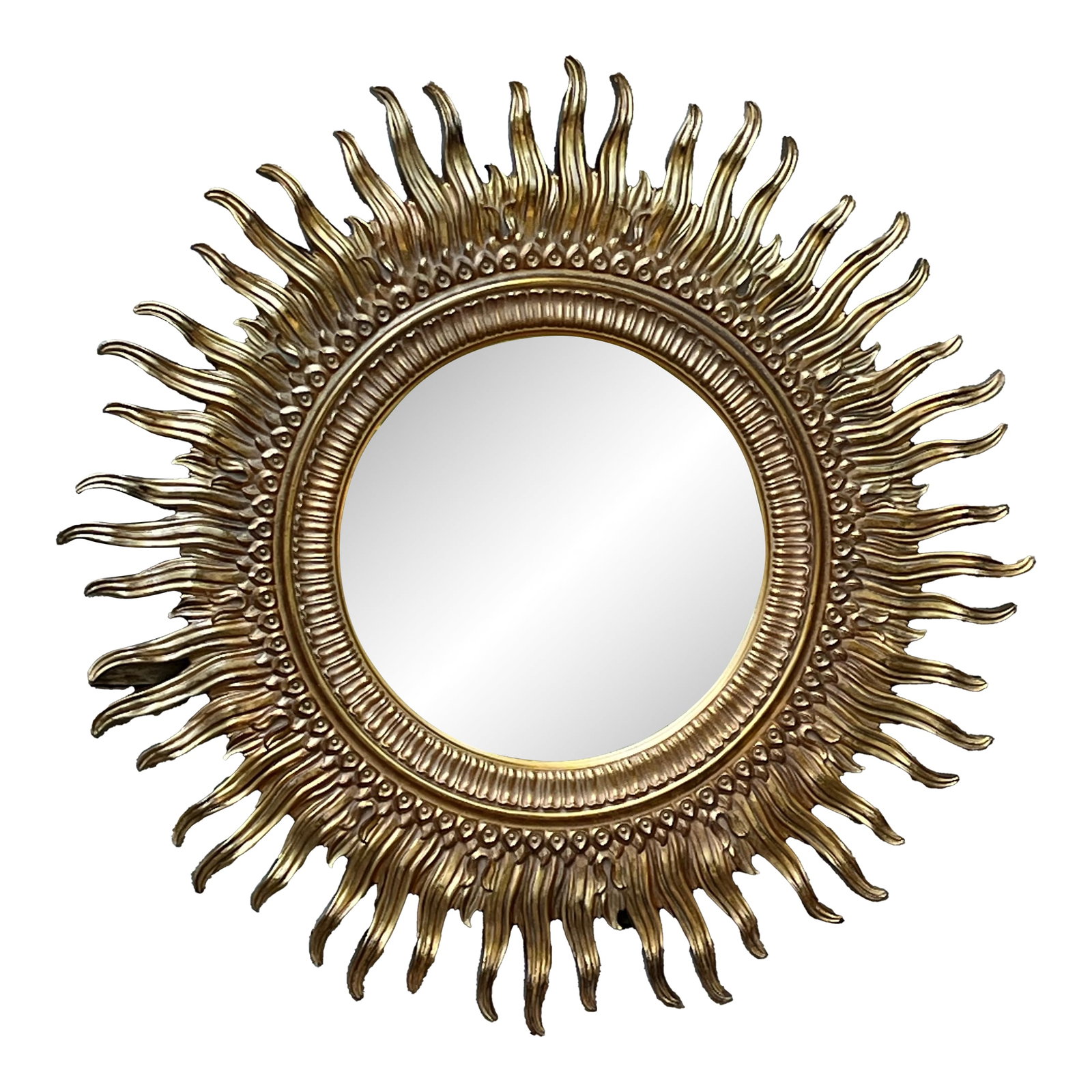 La Barge Golden Sunburst Mid-Century Mirror: Fabulous mid-century golden/gilt sunburst large mirror by La Barge of North Carolina. Measures 43.5" in diameter. Has minimal wear to finish consistent with age, history and use. Condition: