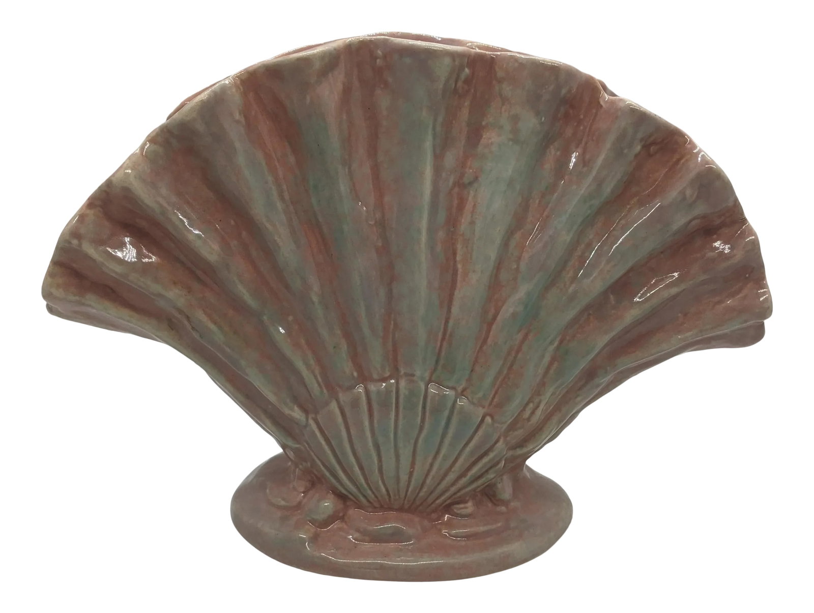 Vintage 1950's Pink Iridescent Gonder Pottery Double Sea Shell Fan Vase: Gonder Ceramic Arts produced pottery in Zanesville, Ohio out of the old Zane Pottery plant from 1942-1957. Besides their own branded line they made pieces for Rumril and special order. This